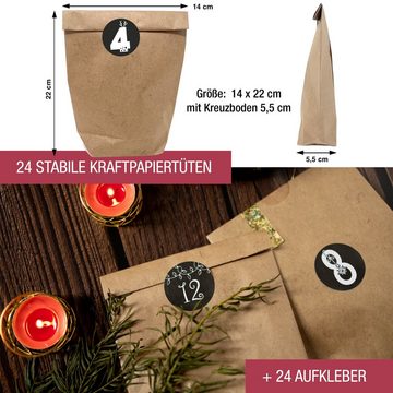 TOBJA Adventskalender Adventskalender DIY mit Stickern (Set), 24 Kraftpapier Tüten, Aufkleber Schwarz-Weiß Weihnachskalender basteln