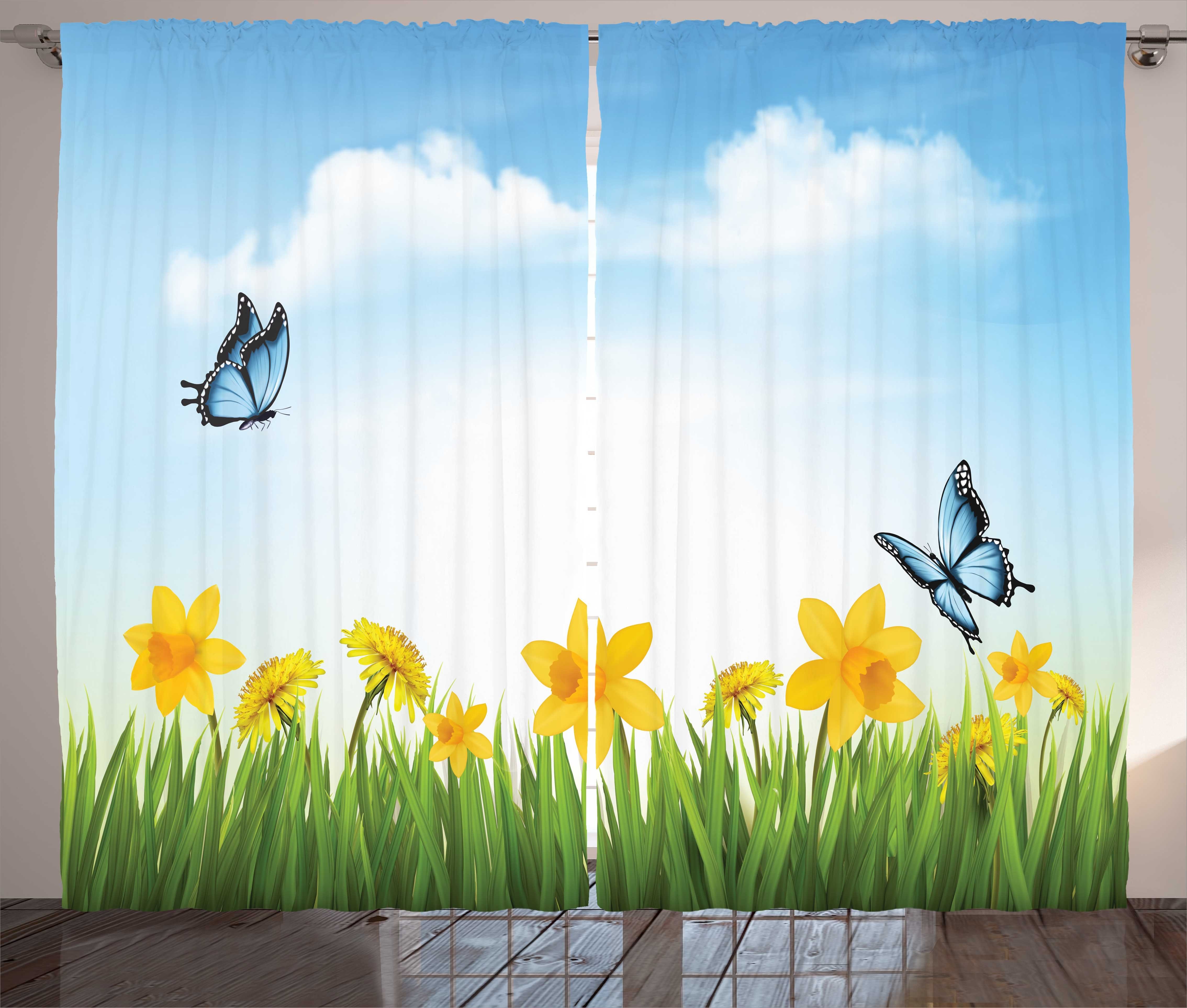 Schlafzimmer Gardine und Frühling Wiesenblumen Schmetterlinge mit Vorhang Abakuhaus, Haken, Kräuselband Schlaufen