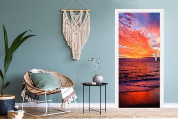 MuchoWow Türtapete Sonnenuntergang - Strand - Rot, Matt, bedruckt, (1 St), Fototapete für Tür, Türaufkleber, 75x205 cm