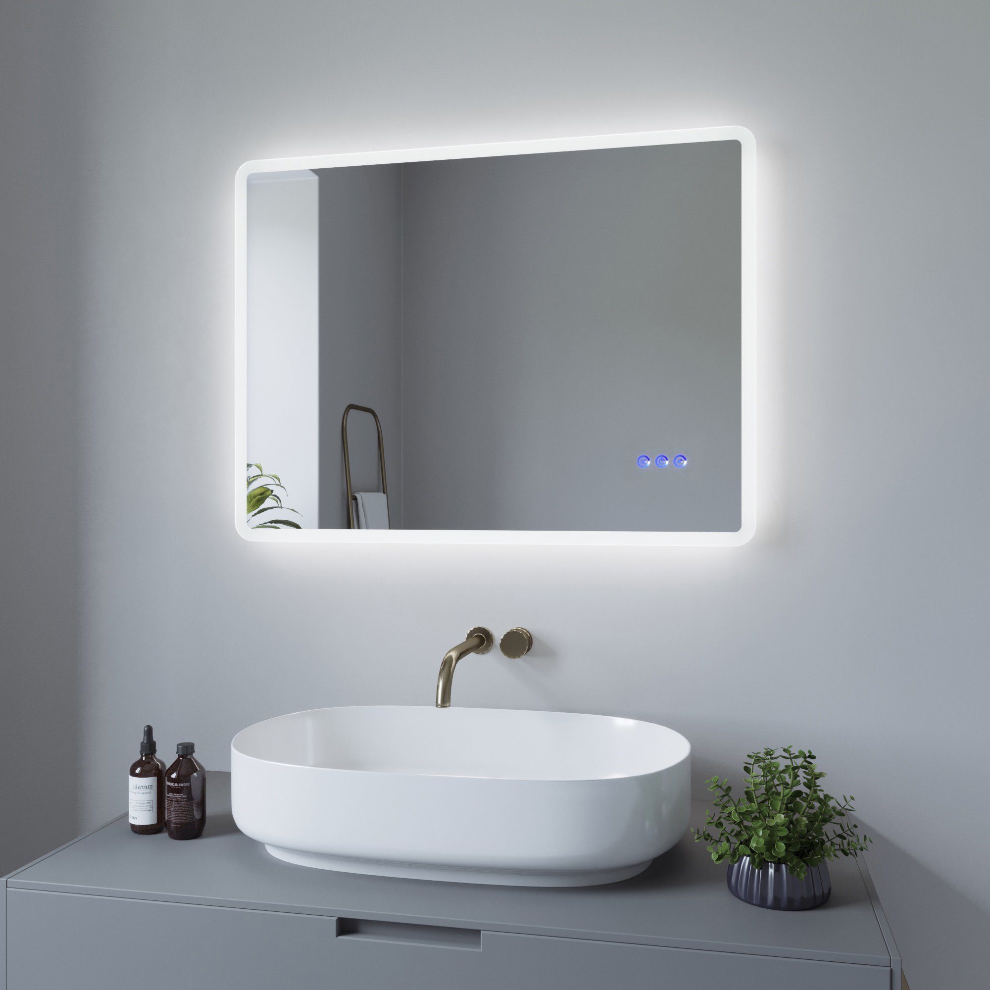 Badspiegel 6400K Warmweiß vertikal Beleuchtung, Badspiegel LED AQUALAVOS Kaltweiß 3000K, Touch-Schalter & und horizontal 80x60cm mit Energiesparend mit Spiegel
