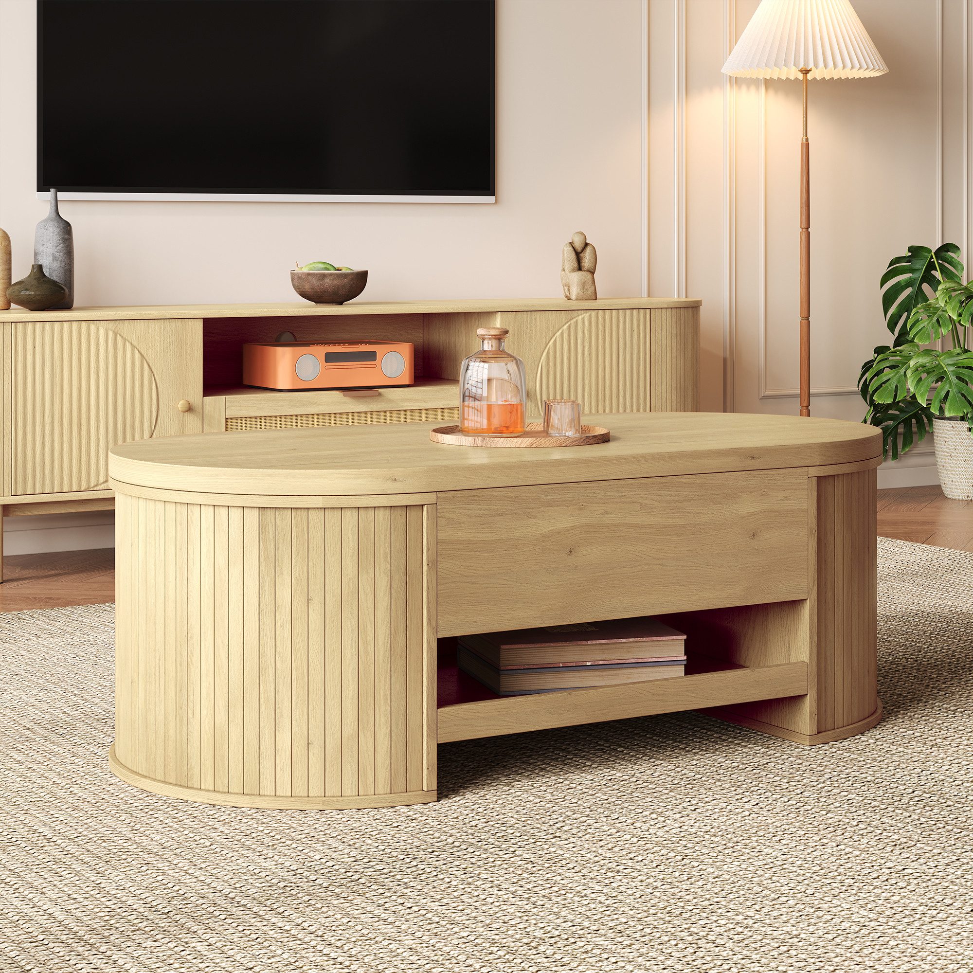 Merax Couchtisch höhenverstellbar Sofatisch Beistelltisch mit gebogenen Holzseiten (1-St., 110x55,5x40 cm), Wohnzimmertisch mit ausziehbaren Regalen und verstec – Bild 4 von 5