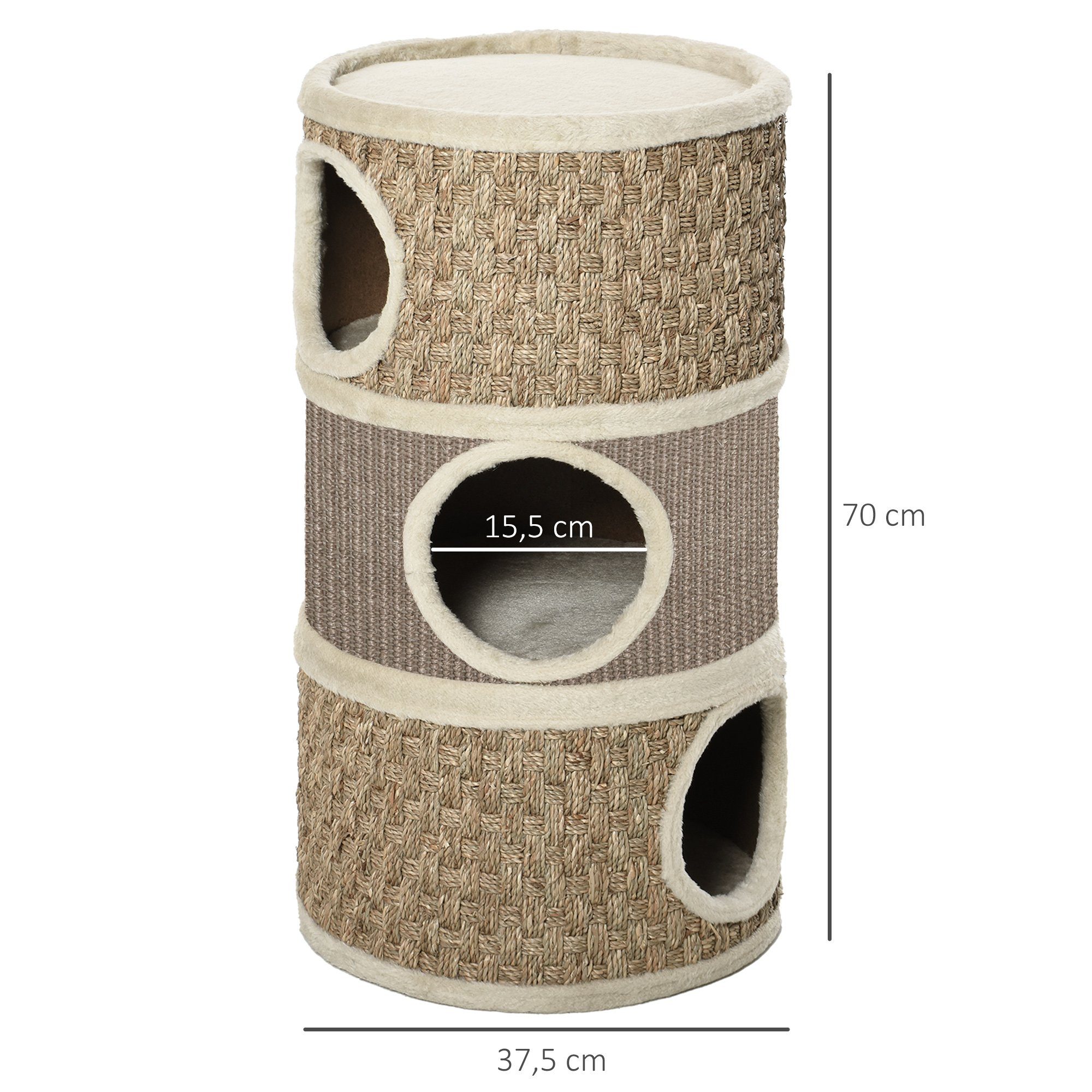 PawHut Kratztonne Katzentonne mit 3 Etagen, Kratzbaum für große Katzen, Khaki+Kaffee, (katzentunnel, 1-tlg., kratzsäule), Sisal Plüsch
