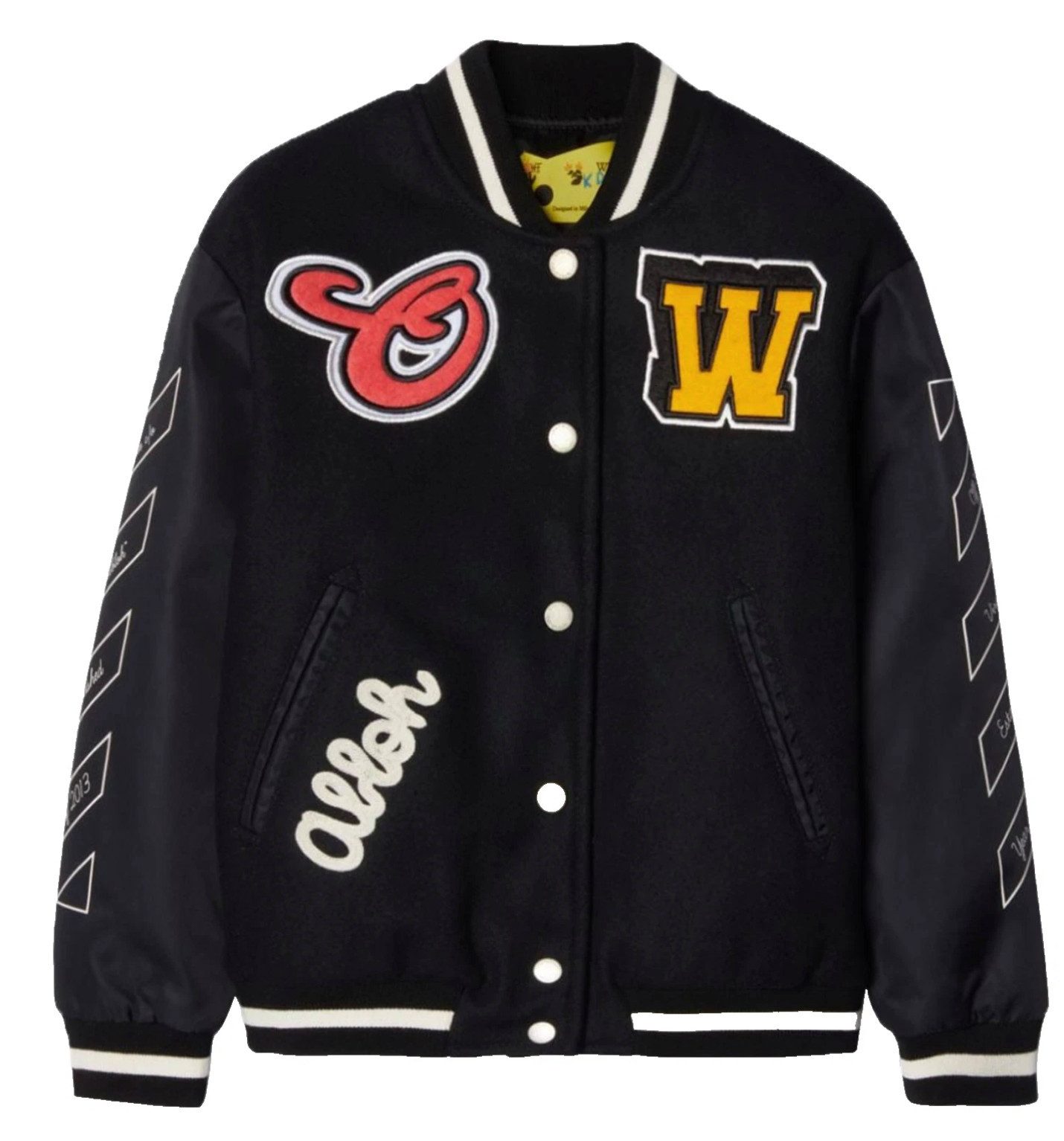 OFF-WHITE Bomberjacke Kids Varsity College Jacke Multicolor Patches vereint luxuriöse Materialien und handwerkliche Präzision