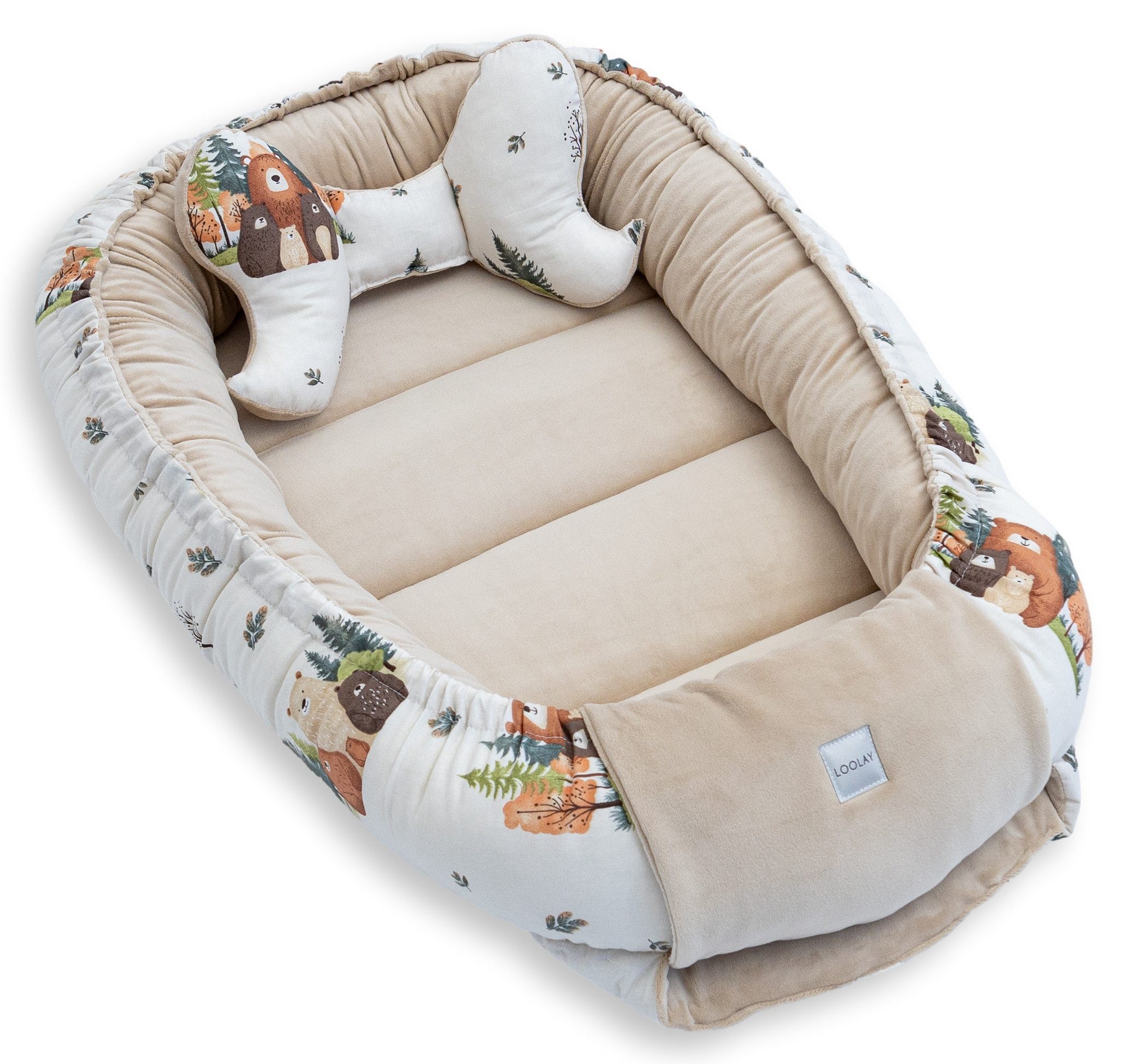 Loolay Kuschelnest BABYNEST 5 TLG. Set PREMIUM Babyausstattung Baumwolle & Samt Velours, (MUSTER: BEIGE Samt Velour/ Beige Bärchen Familie, 5-tlg., Liebevoll ha – Bild 5 von 5