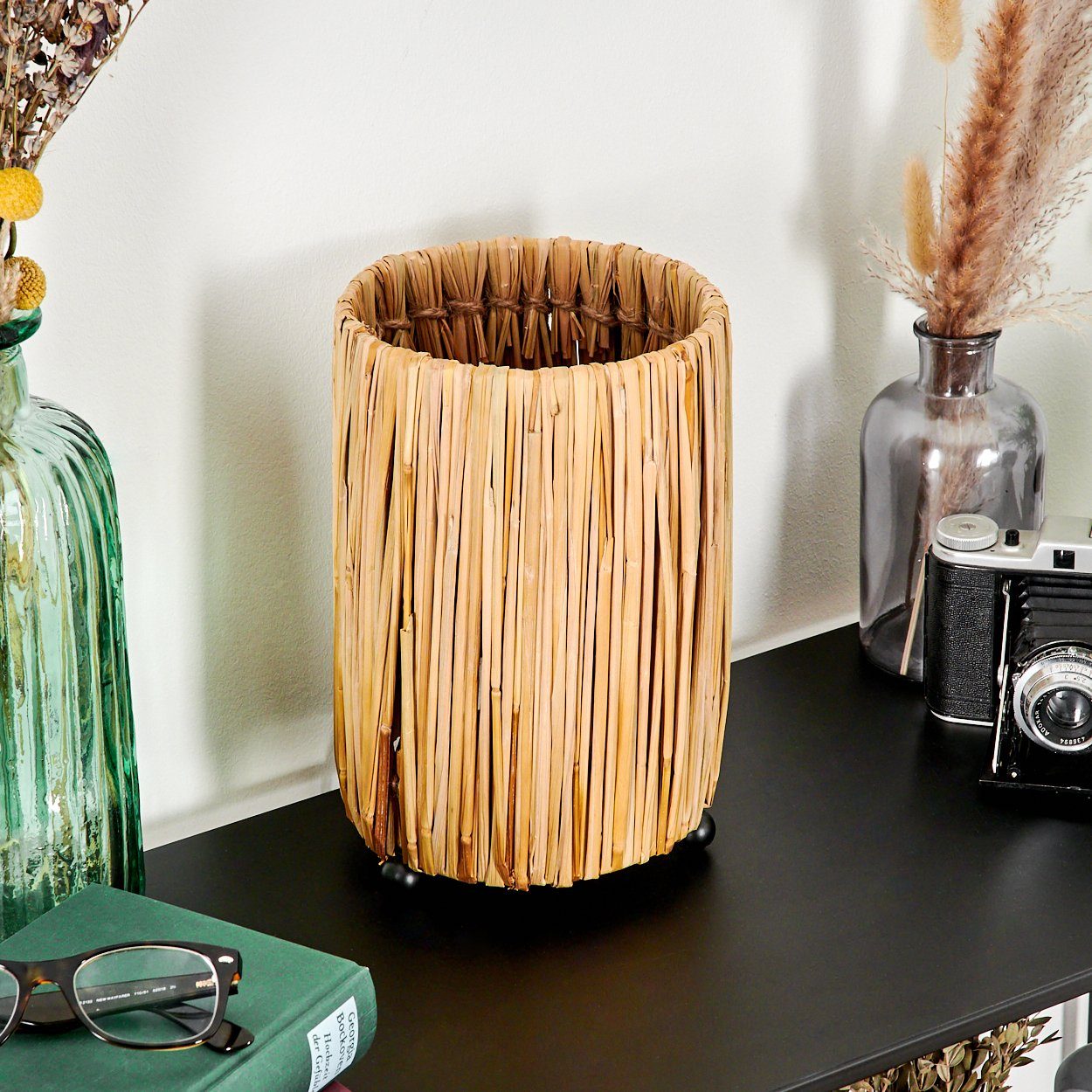 hofstein Tischleuchte moderne Boho Tischlampe aus Metall/Rattan in Schwarz/Natur, ohne Leuchtmittel, Nachttischlampe An-/Ausschalter, Lichteffekt, 1xE27, ohne L – Bild 2 von 5