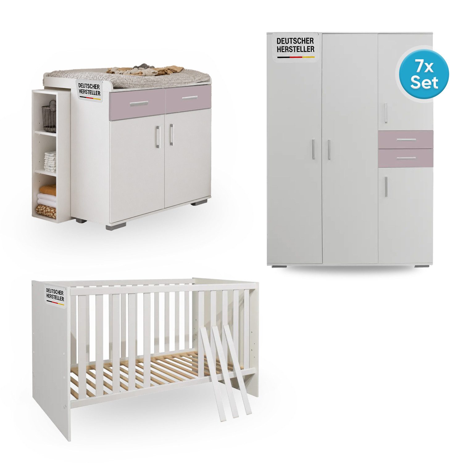 Storado Babymöbel-Set Sienna 7-teilig 70×140cm, Kinderzimmer-Set, Farbe wählbar, Mitwachsendes Babybett, Wickelkommode und geräumiger Schrank