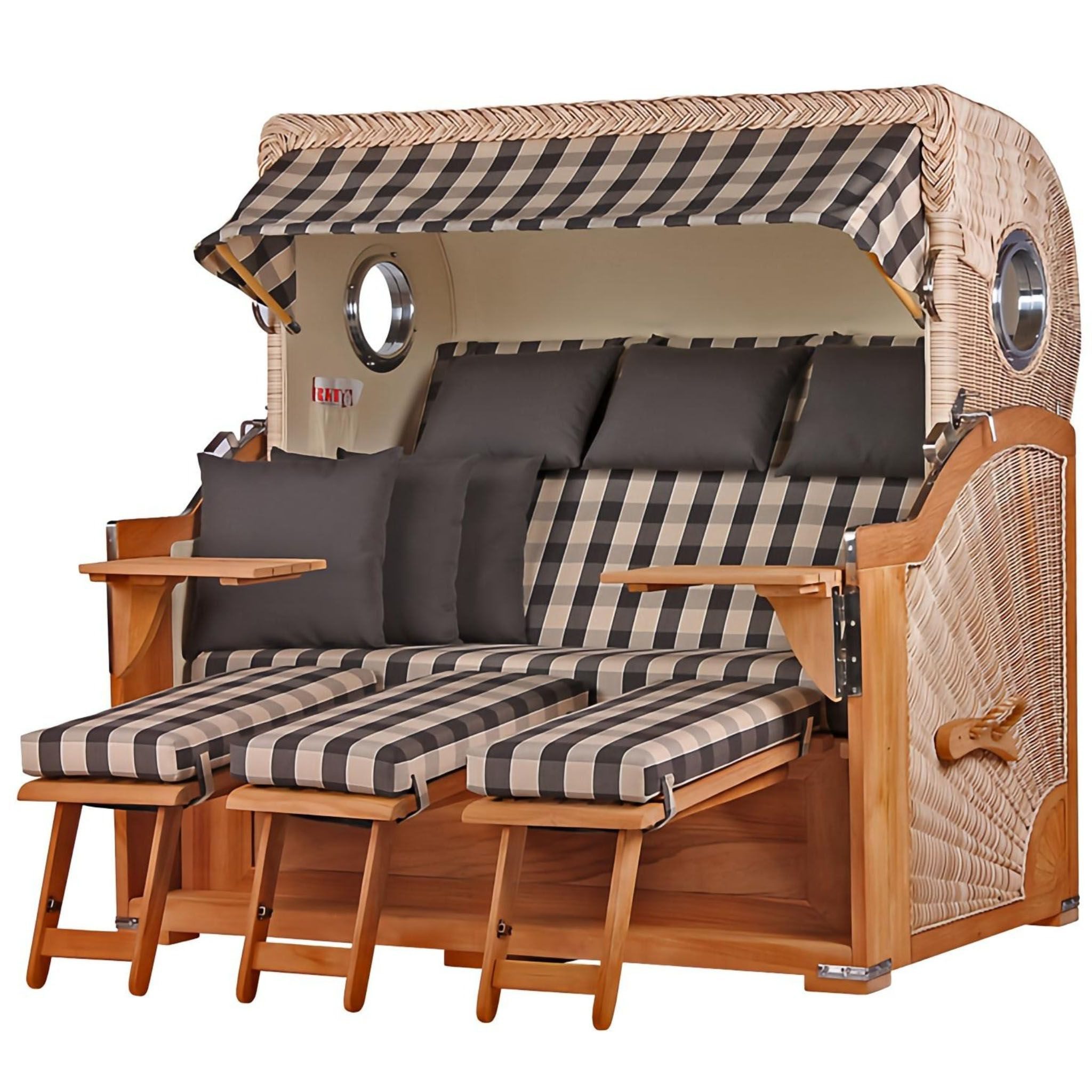 bene living Strandkorb Königssee 3-Sitzer Teak - PE shell - Modell 505, BxTxH: 170x95x170 cm, Volllieger, Königssee 3-Sitzer Teak, (Strandkorb-Komplettset, 5-tlg., Strandkorb inkl. Liftersystem und umfangreichem Zubehör), mit Windschutzfolie, Bistrotischen und bequemer Polsterung