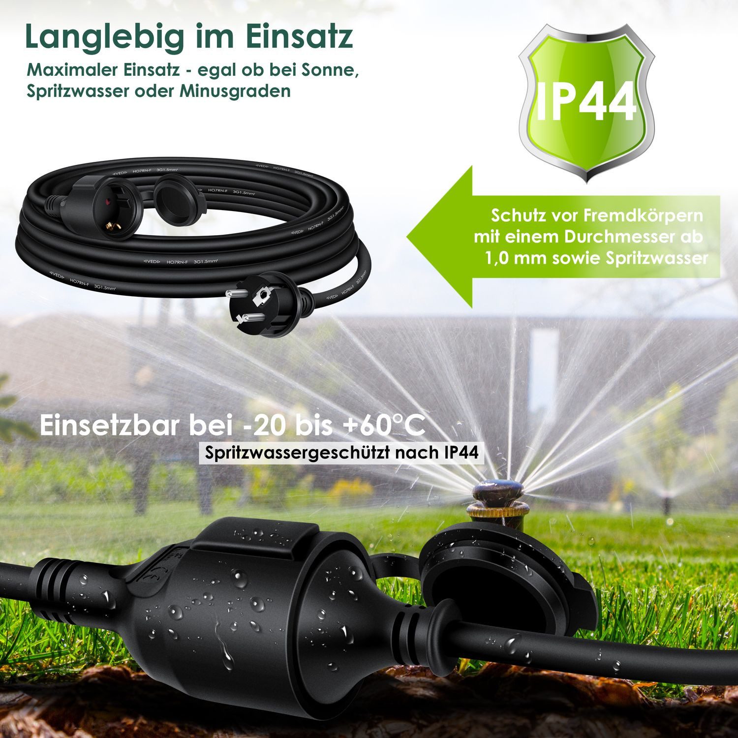 KESSER Verlängerungskabel, (3 cm), Verlängerungskabel mit Schutzkappe Outdoor für Innenbereich