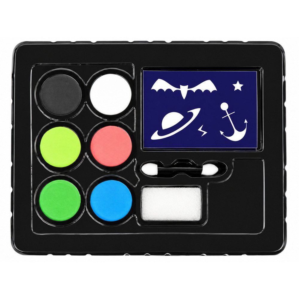 LEAN TOYS Schmink-Set Kinderschminke Gesichtsfarben Malschablonen, 1-tlg., 6 Farben abwaschbar, 6 Farben, Schablonen, Pinsel & Schwamm, abwaschbar