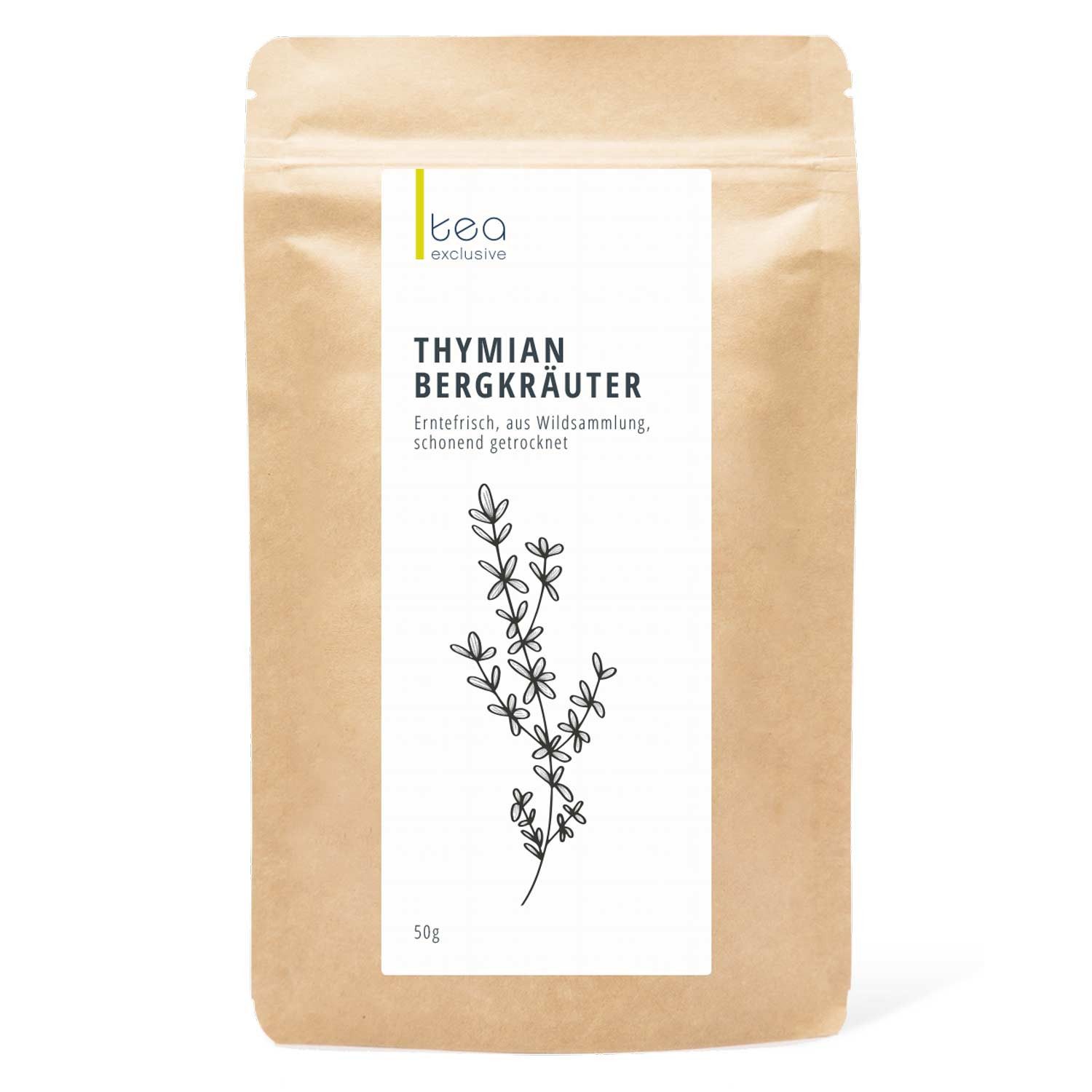 tea exclusive Tee Thymian Bergkräuter Wildsammlung BIO, 50g, würzig, wärmend, hocharomatisch.