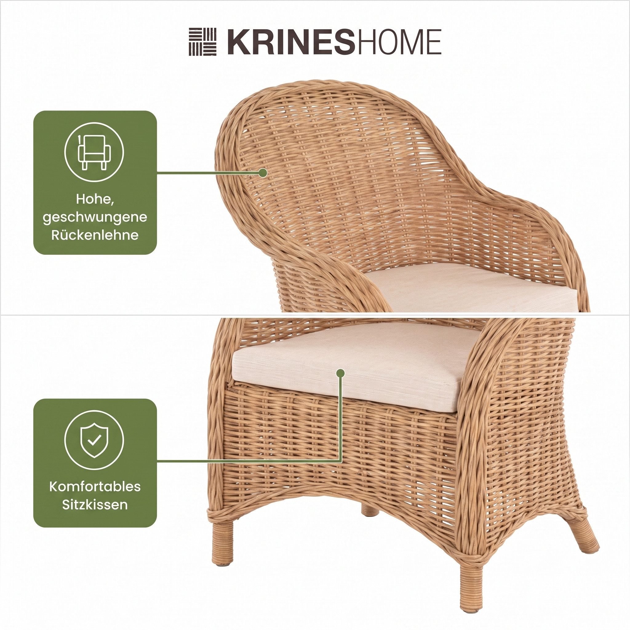 Krines Home Esszimmersessel Rattansessel Esszimmerstuhl mit Armlehne Korbsessel Esszimmersessel, Flechtsessel mit Polster – Bild 5 von 5