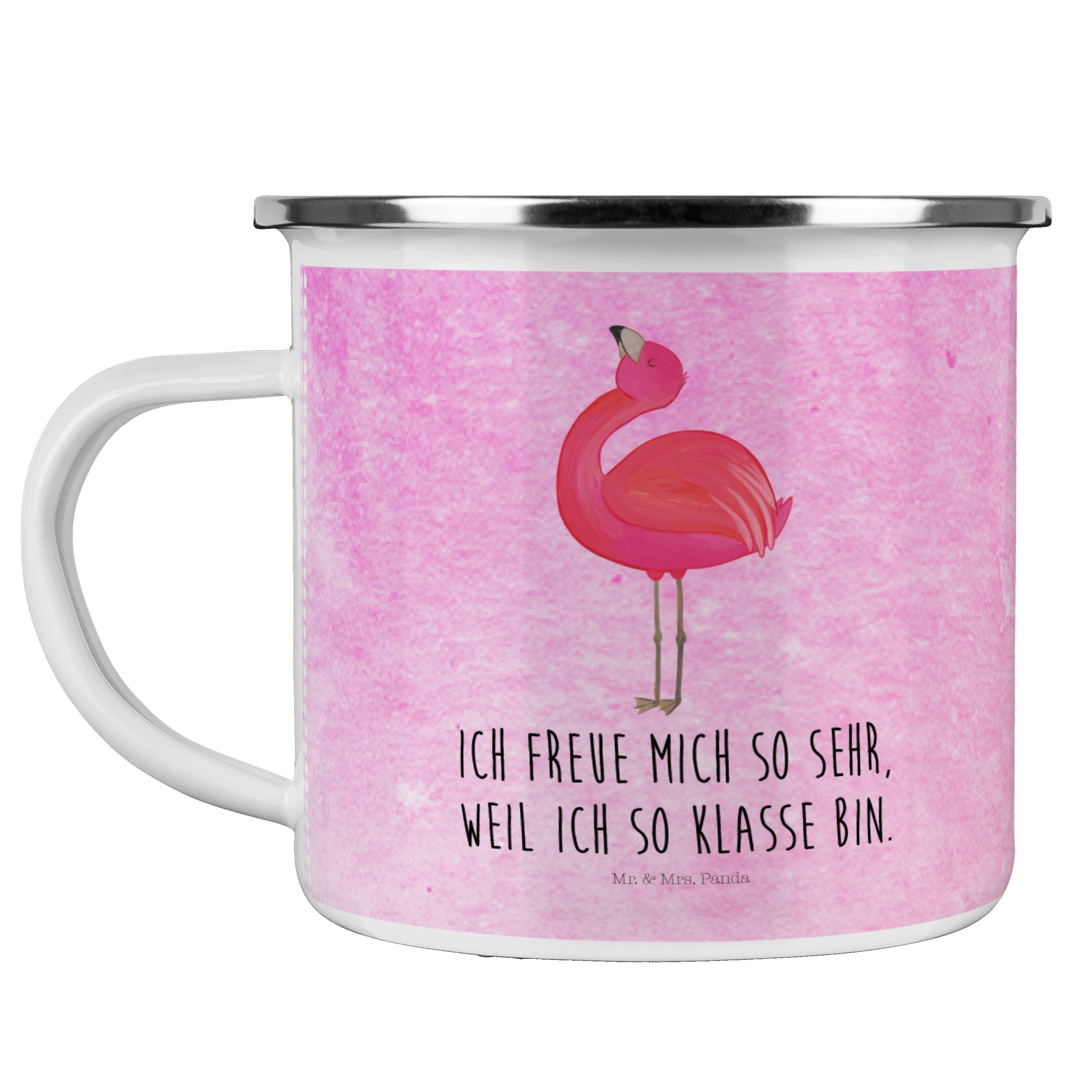Mr. & Mrs. Panda Becher Flamingo stolz - Aquarell Pink - Geschenk, Freude, Blechtasse Outdoor, Emaille
