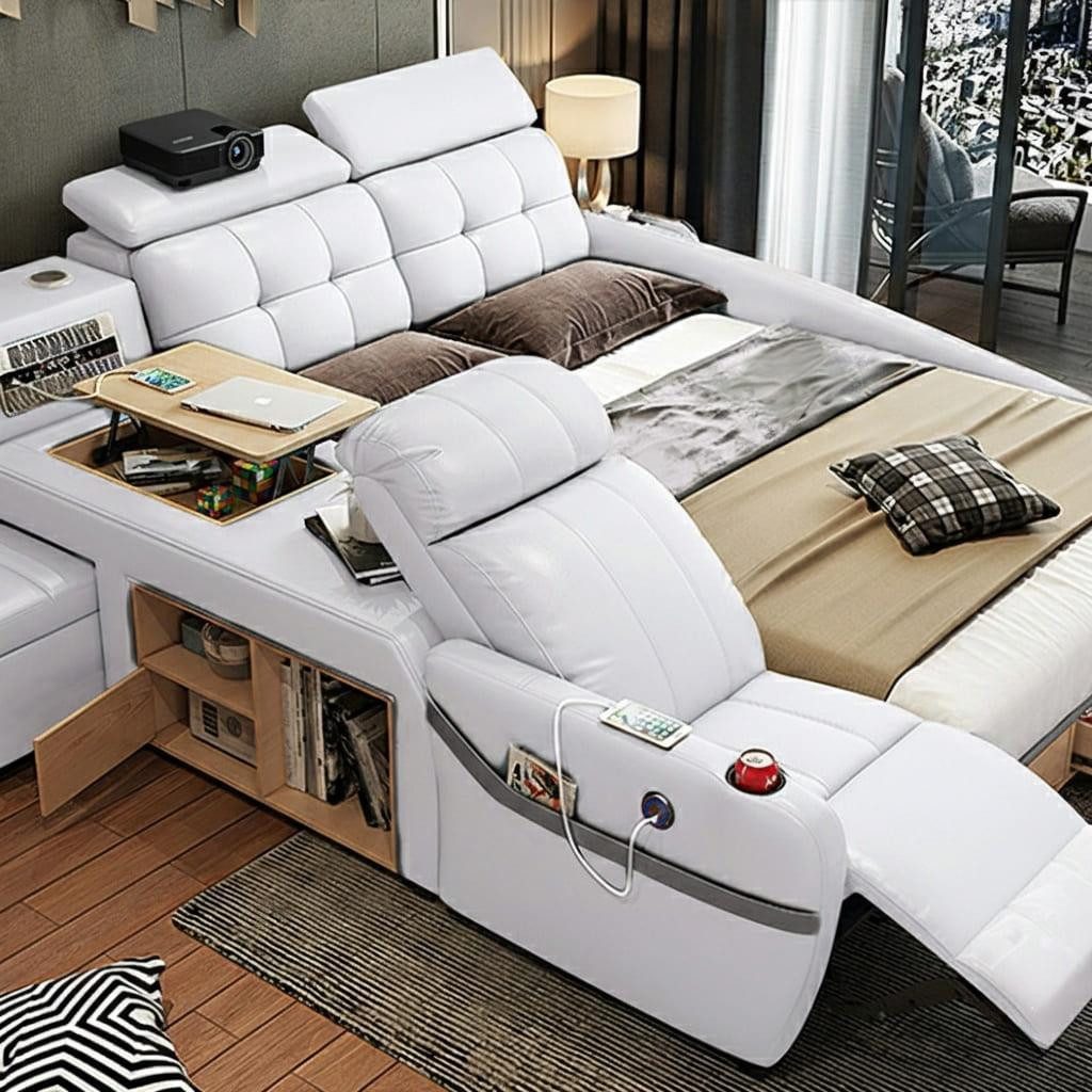 JVmoebel Multimediabett Multifunktionales Bett Moderner Stil in Braun Holzrahmen Entspannend (2-tlg)