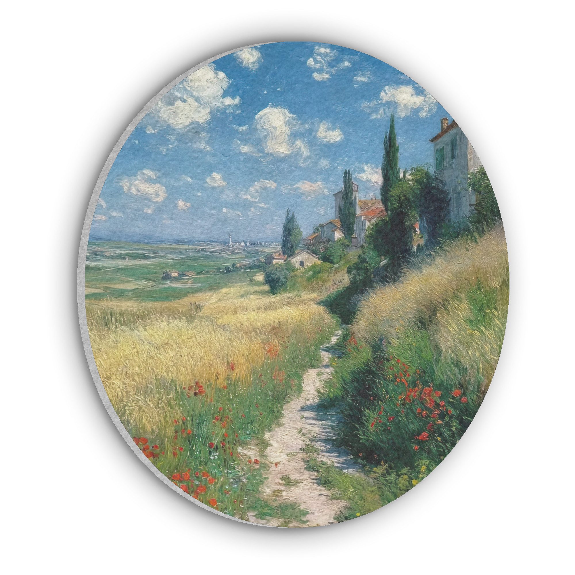 MuchoWow Gemälde Sandbahn - Haus - Bäume - Wiese, Fotodruck (1 St), Akustikpaneele rund, Schalldämmung, Akustikbilder 30x30 cm