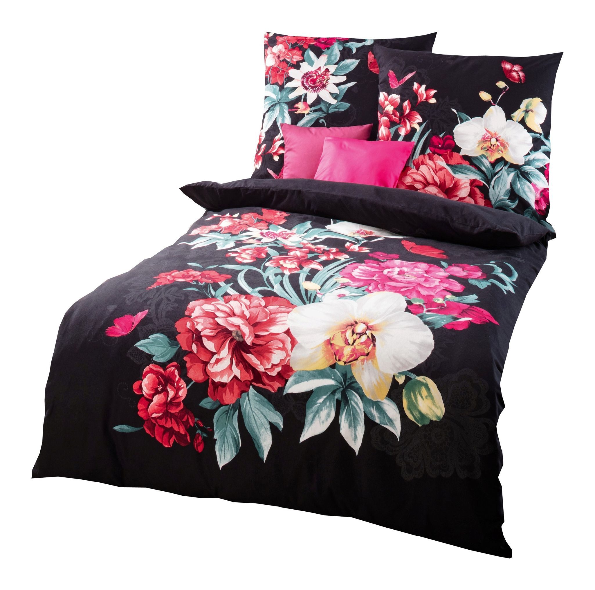 Kaeppel Bettwäsche Kaeppel Linon / Renforcé Bettwäsche 135x200cm 2 tlg. Euphoria Pink, Renforcé, 2 teilig, Schwarze Bettwäsche mit buntem großen Blumenmotiv