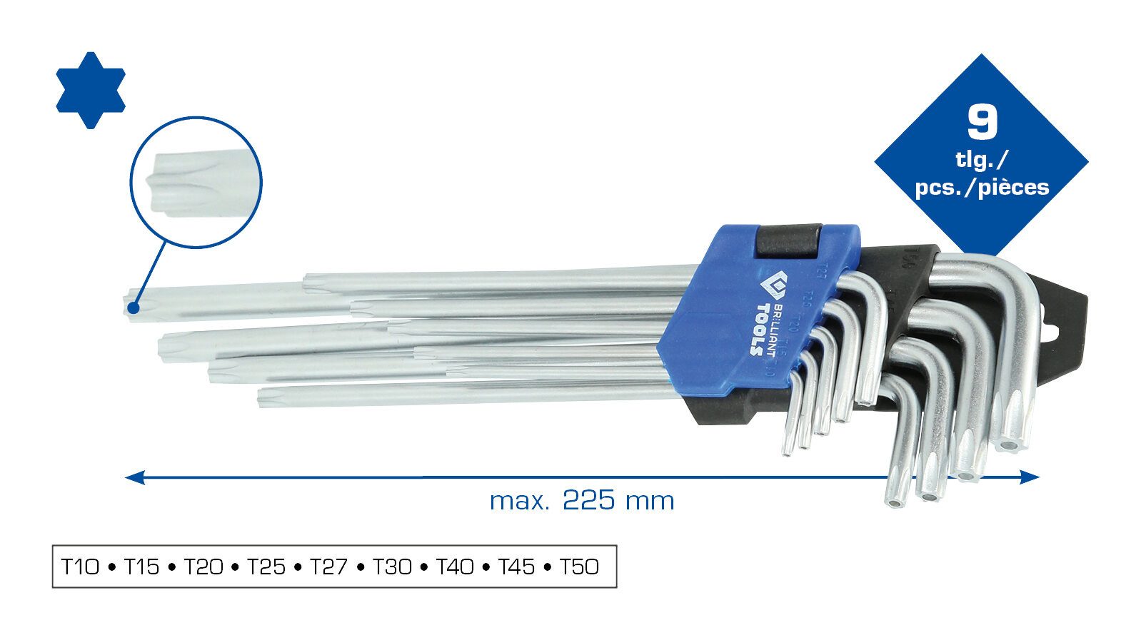 Brilliant Tools Stiftschlüssel (9 St), Winkelstiftschlüssel-Satz, 9-teilig, Torx-Profil, lang