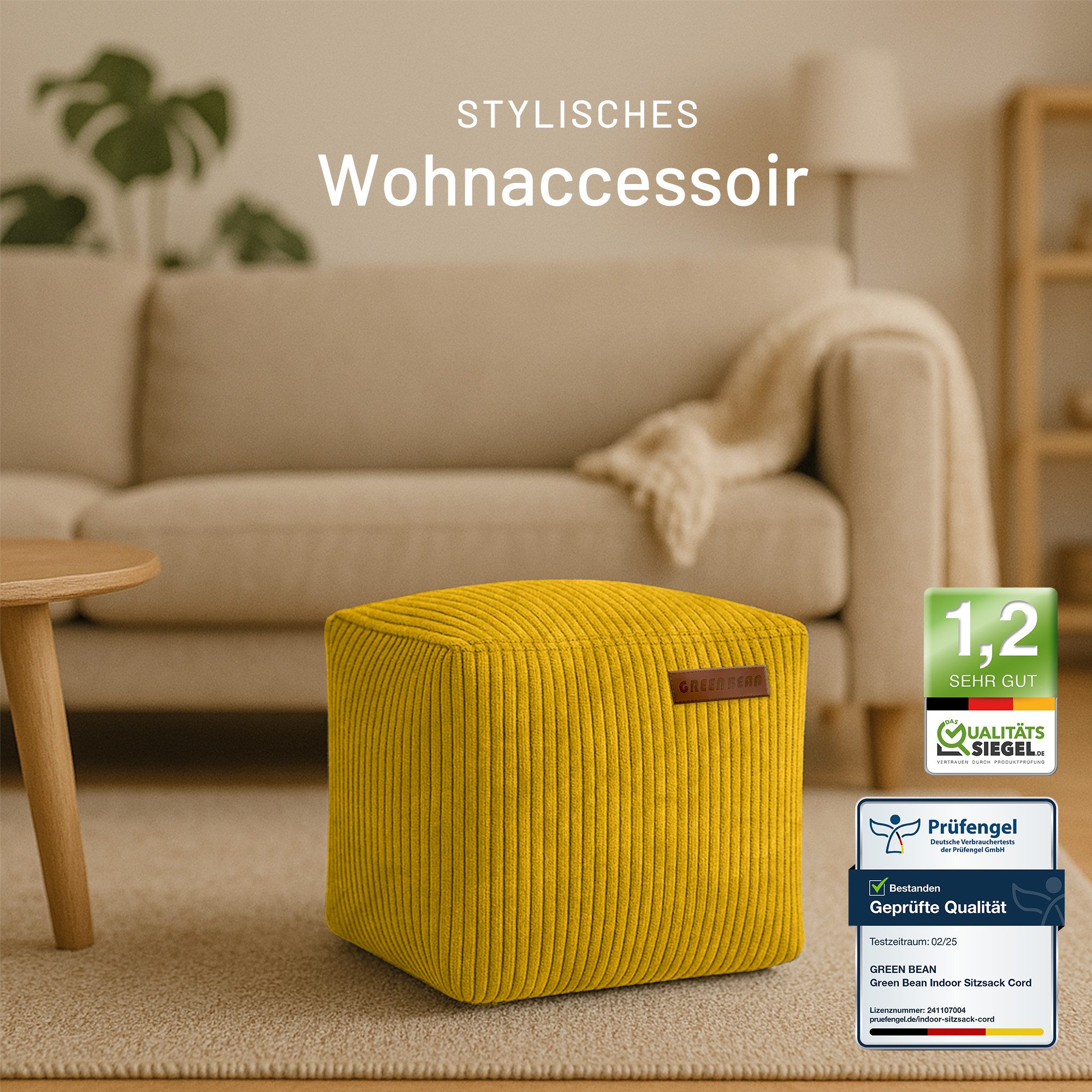 Green Bean Pouf Cube Cord (Indoor Sitzhocker Sitzkissen Fußhocker Relax-Sessel, Made in Germany), die ideale Ergänzung zum Sitzsack