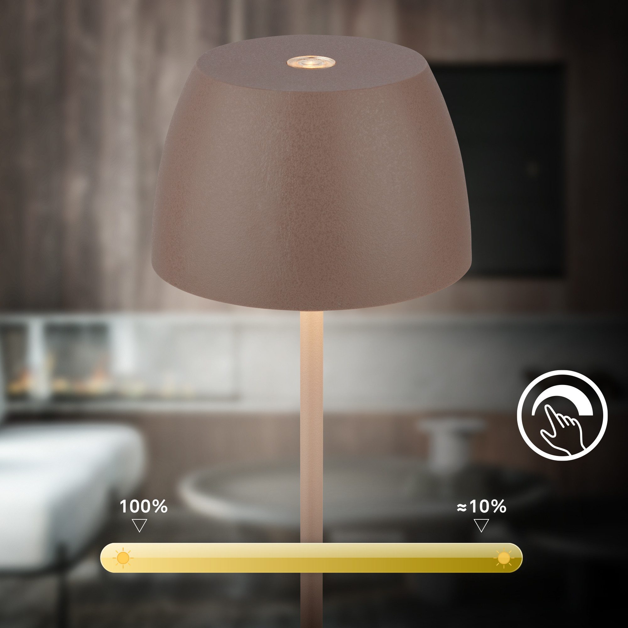Briloner Leuchten LED Außen-Tischleuchte SERINA MINI, Dimmfunktion, LED fest integriert, Warmweiß, kabellos 20 x 8 cm Umbrasand 2,5W Wohnzimmer Schlafzimmer 2er – Bild 4 von 5