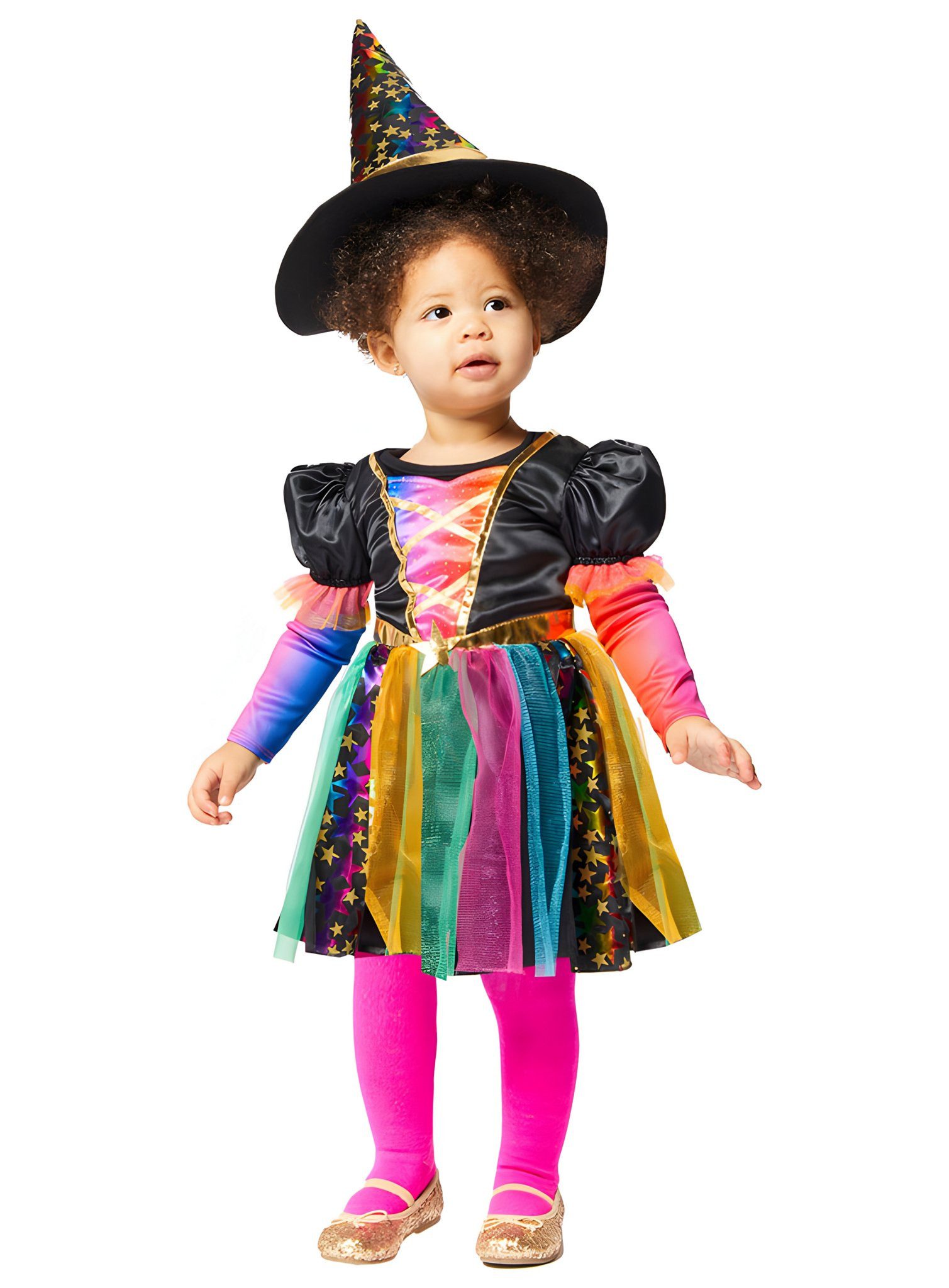 Metamorph Hexen-Kostüm Buntes Sternchen Hexe Kostüm für Kleinkinder, Farbenfrohes Hexenkleid mit Sternenmuster für kleine Zauberinnen