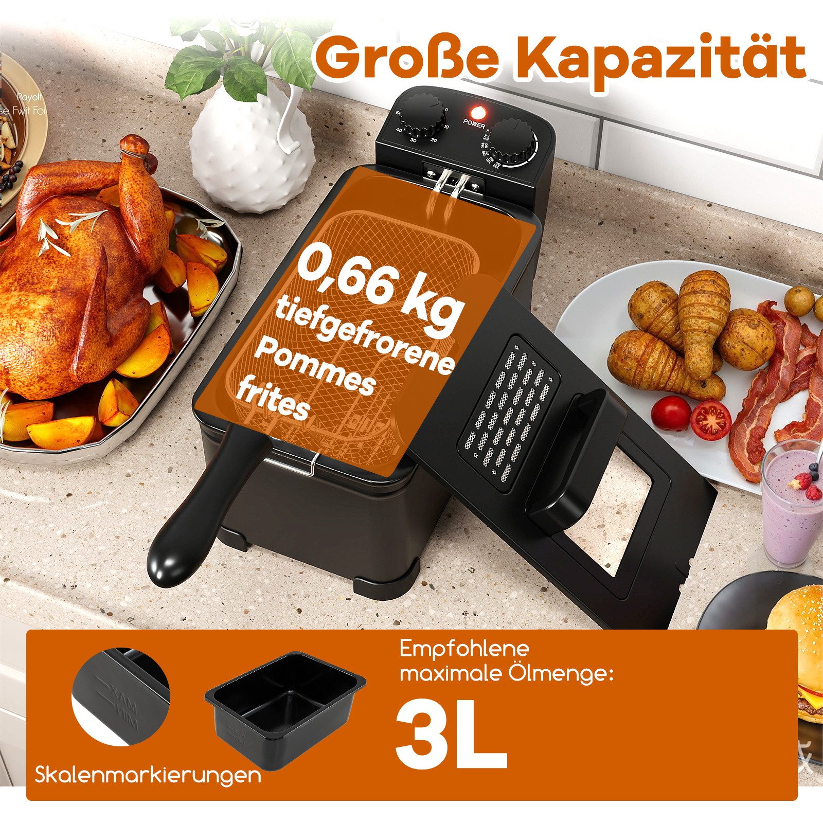 COSTWAY Fritteuse, 2000 W, 3L Frittiertopf mit Öl, Korb & Deckel & Timer