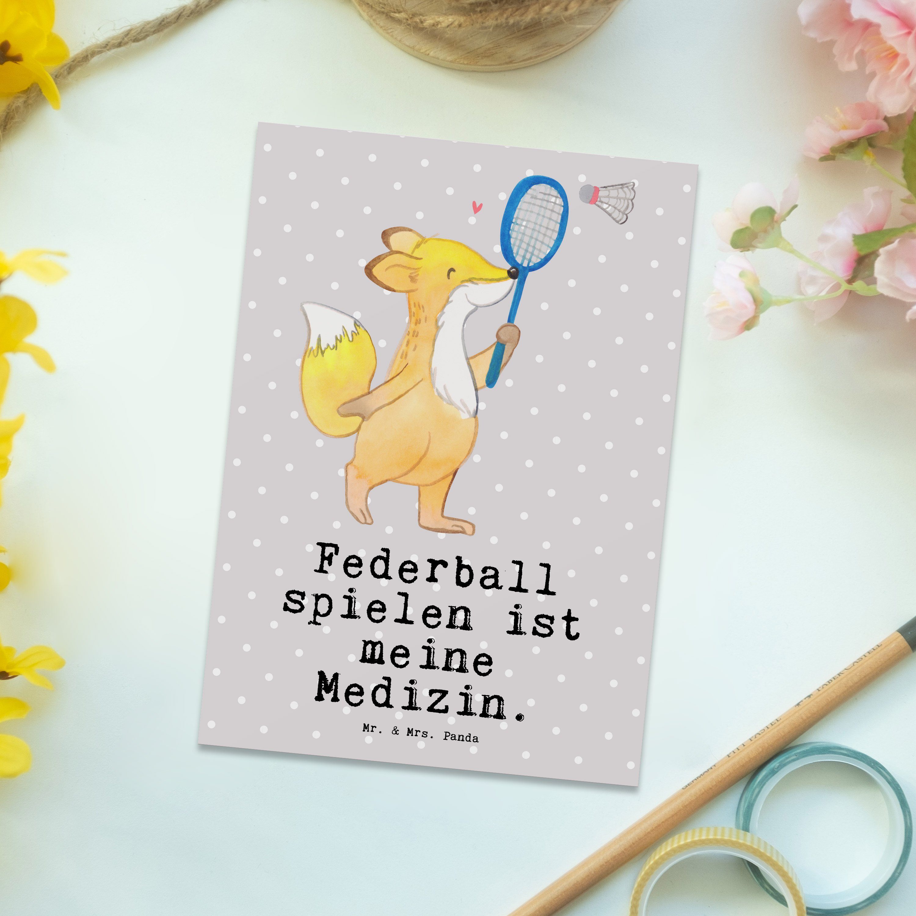 - Federball Fuchs - Mr. Mrs. Panda Pastell Grau Einladung Geschenk, Postkarte Medizin & spielen