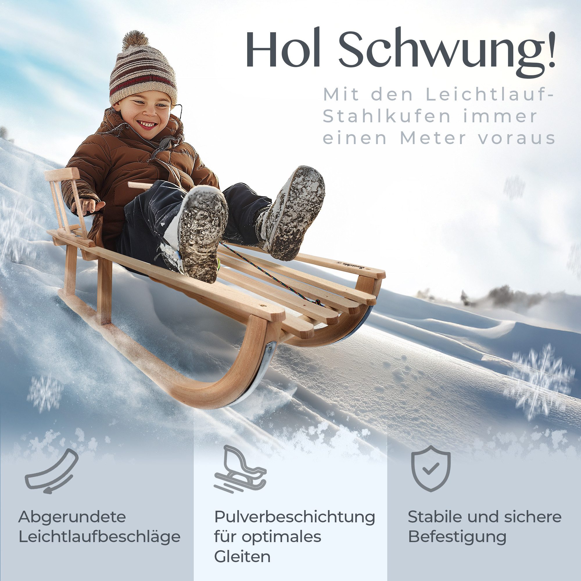 BambiniWelt by Rafael K. Schlitten CE-Holzschlitten mit Rückenlehne + Zugseil Rodel Kinder Schlitten 90cm