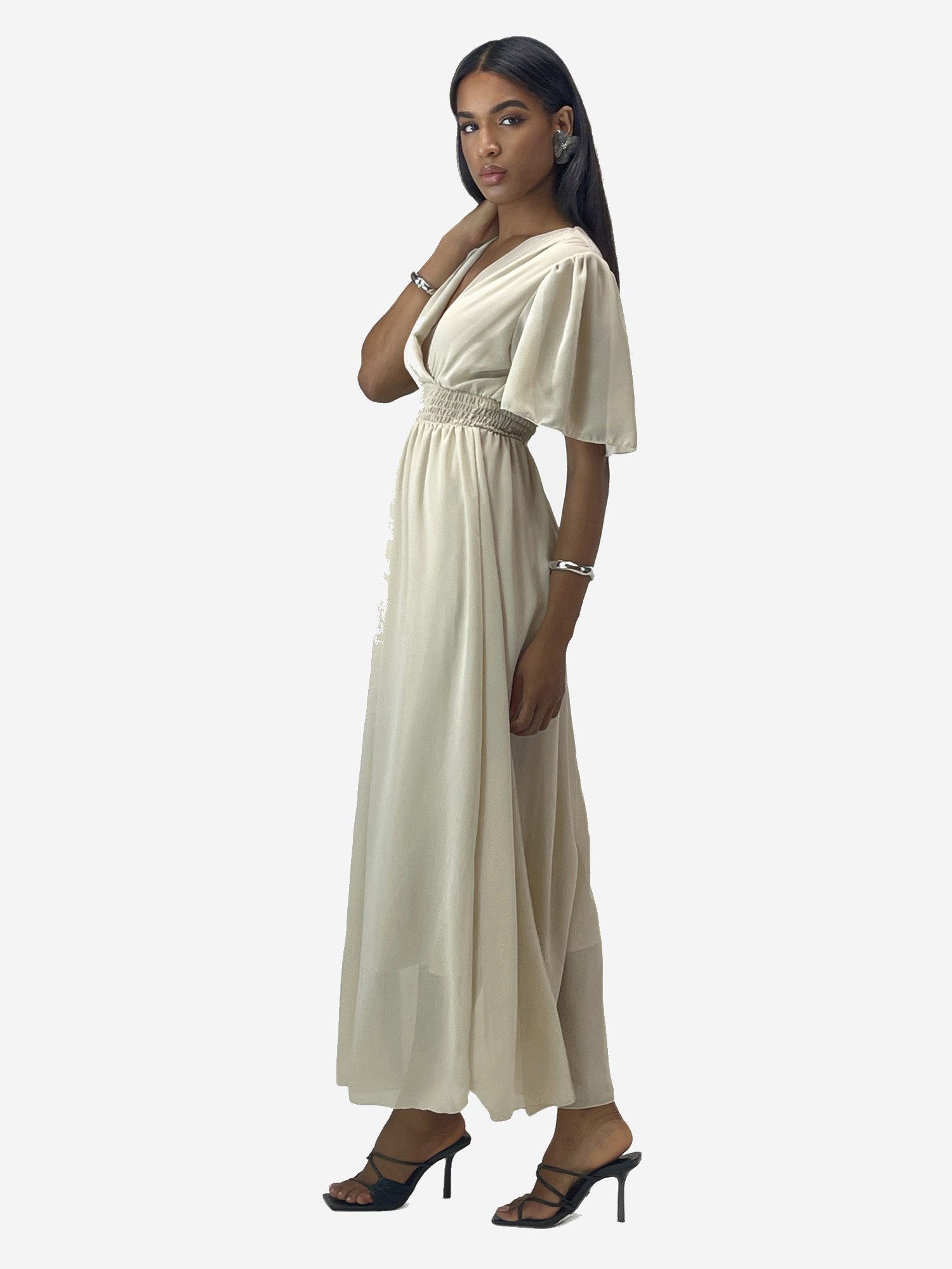 Elara Maxikleid — Damen Sommerkleid mit Wickeloptik, Smoktaille & Flügelärmeln (1-tlg) – Bild 4 von 5