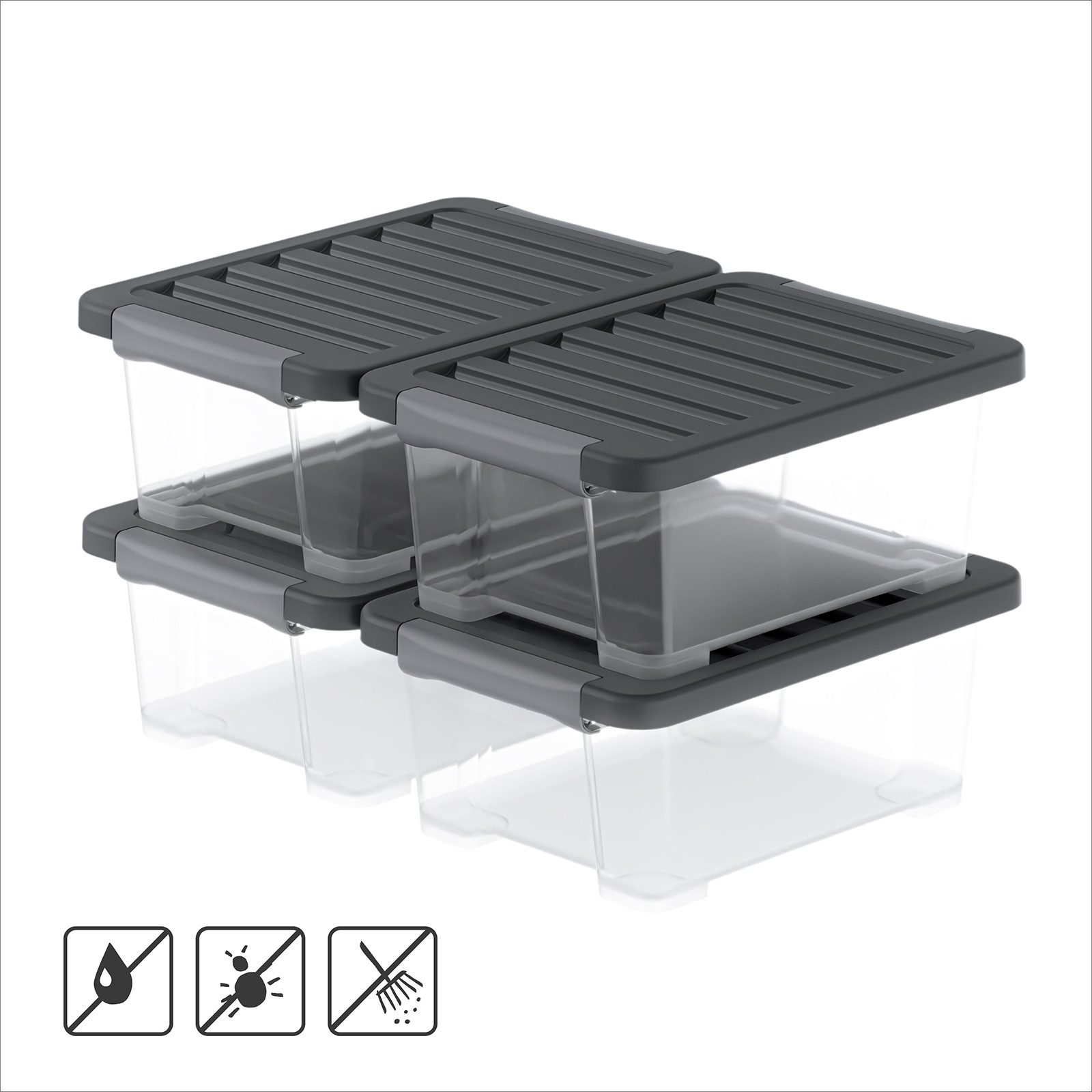 ROTHO Aufbewahrungsbox (Lagerboxen-Set, 4er-Set), Dichtbox ideal für Büroartikel, Werkzeug und Haushaltszubehör