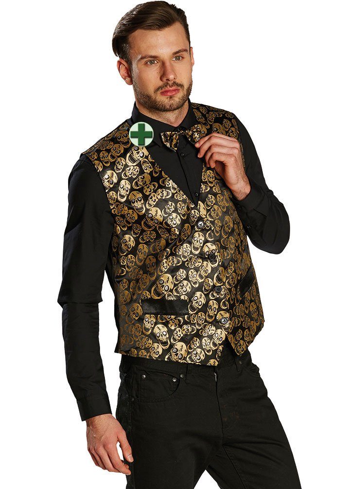Karneval-Klamotten Kostüm Horror Herrenkostüm Weste Totenköpfe und Fliege, Halloweenkostüm schwarze Herren weste mit goldene Totenköpfe