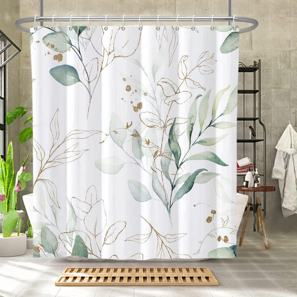 Coonoor Duschvorhang Eukalyptus, Duschvorhang Grün Gold Blätter Pflanzen Duschvorhäng Breite 180 cm, Anti Schimmel Wasserdicht Blickdicht Waschbar Bad Vorhang