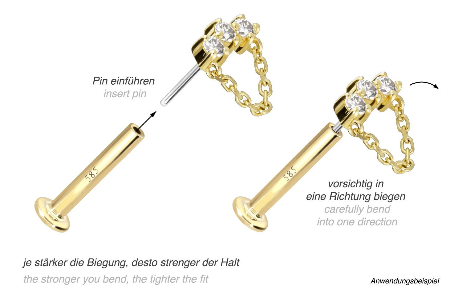 PIERCINGLINE Piercing-Set 14 Karat Gold Labret mit Push Fit MOISSANIT-BOGEN + KETTE (Labrets, 1-tlg)