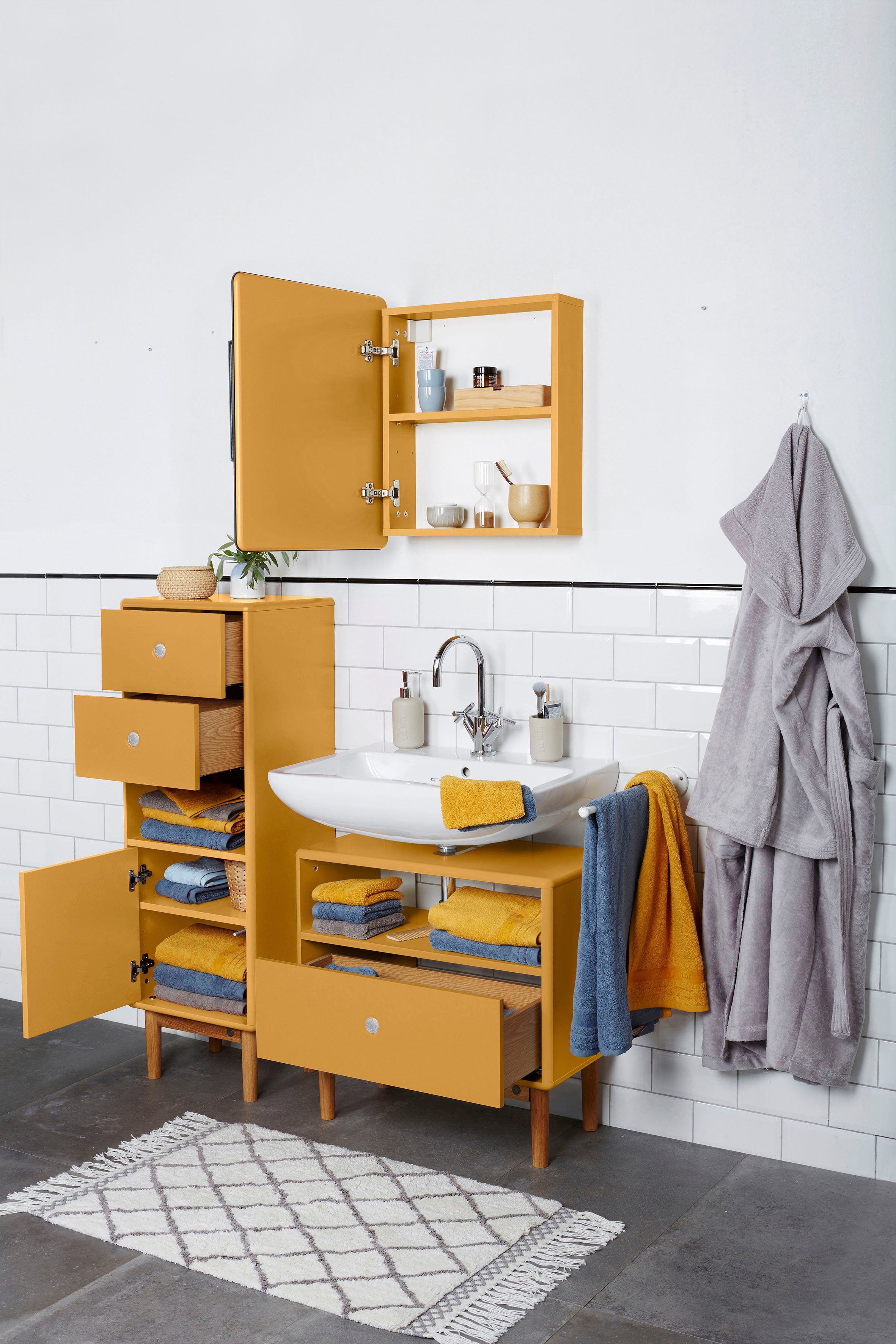 HOME Waschbeckenunterschrank mit cm BATH in mit Eiche, mit Push-to-Open, TOM Füßen 65 Breite Schublade, COLOR TAILOR mustard