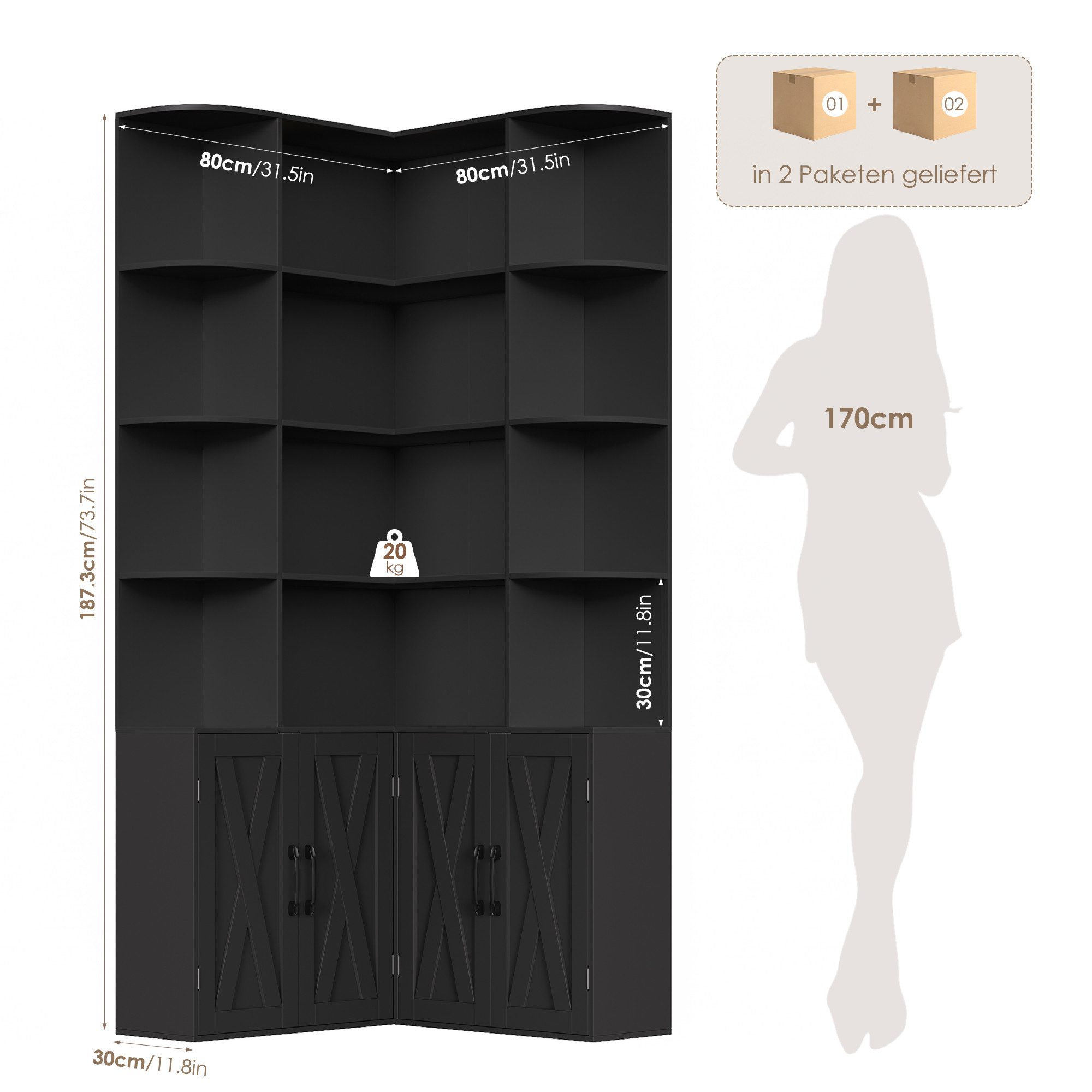Homfa Bücherregal 187 cm hoher Bücherschrank mit Türen Eckregal, Eckbücherregal Standregal L-förmiger Eckschrank 80 x 80 x 187 cm