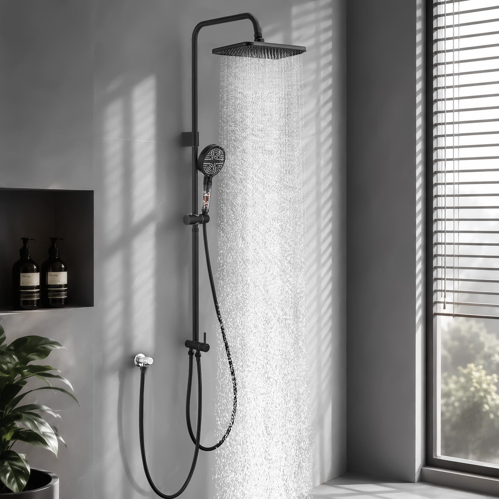 HOMELODY Duschsystem ohne Armatur, 30×20 cm Regendusche, 6-Strahl-Handbrause, 2 Strahlart(en), Set, Höhenverstellbar, SUS304-Umsteller mit Absperrfunktion, Schwarz