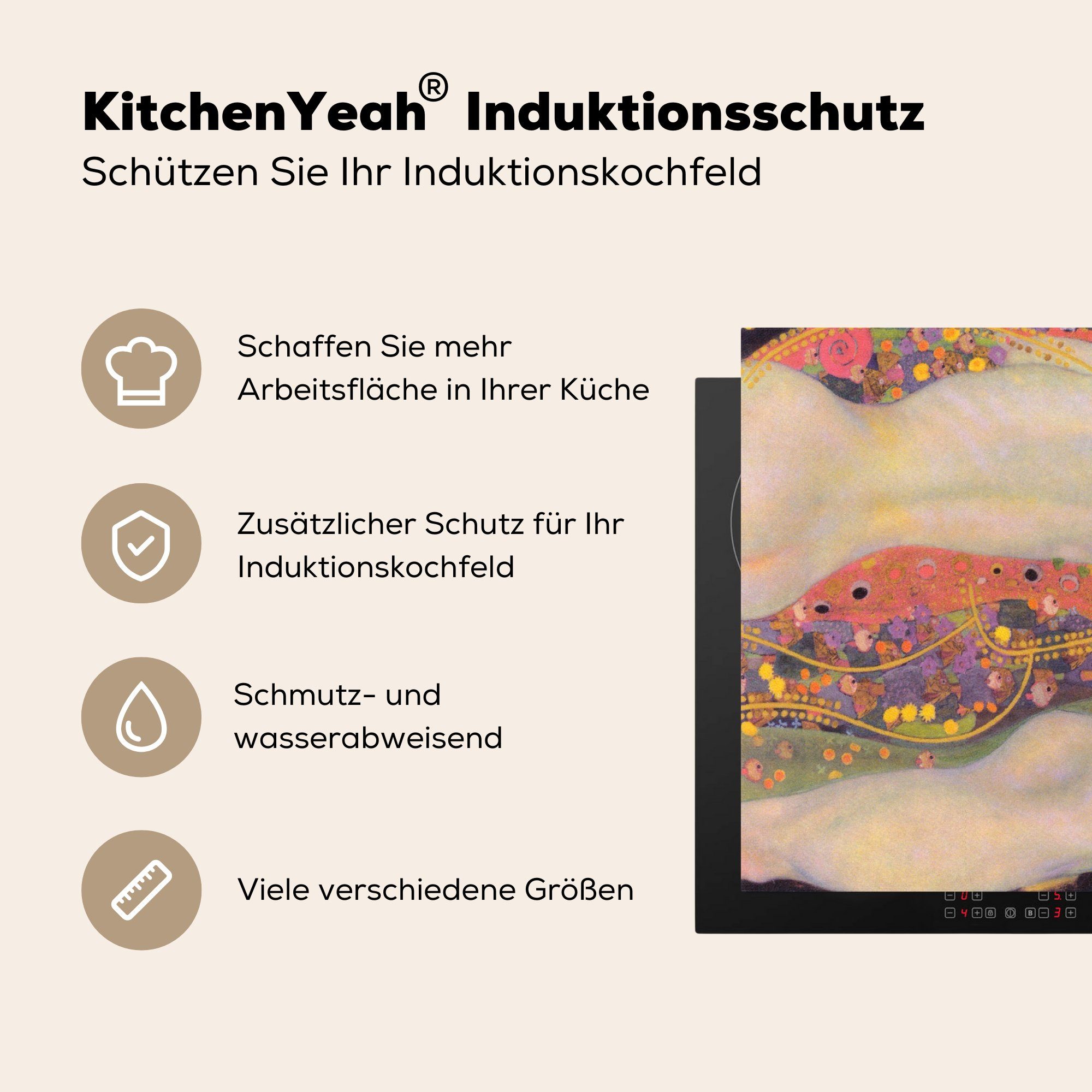 II cm, Arbeitsplatte Wasserschlangen MuchoWow Herdblende-/Abdeckplatte küche für Gustav von 83x51 Vinyl, Klimt, (1 - tlg), Gemälde Ceranfeldabdeckung,
