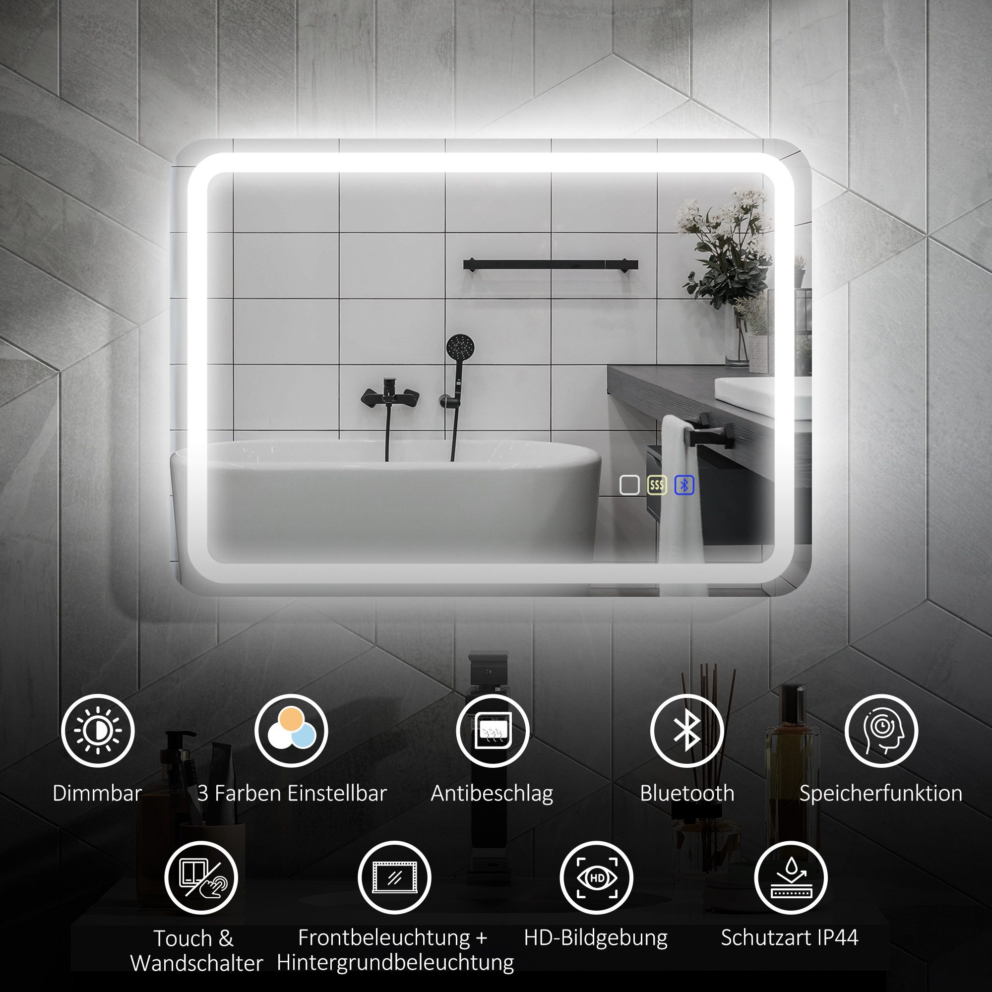 HOMCOM Badspiegel Badspiegel mit Beleuchtung, LED Spiegel, Bluetooth-Musikfunktion (Wandspiegel mit Touchschalter Memory-Funktion, 1-St., Lichtspiegel Beschlagf – Bild 4 von 5