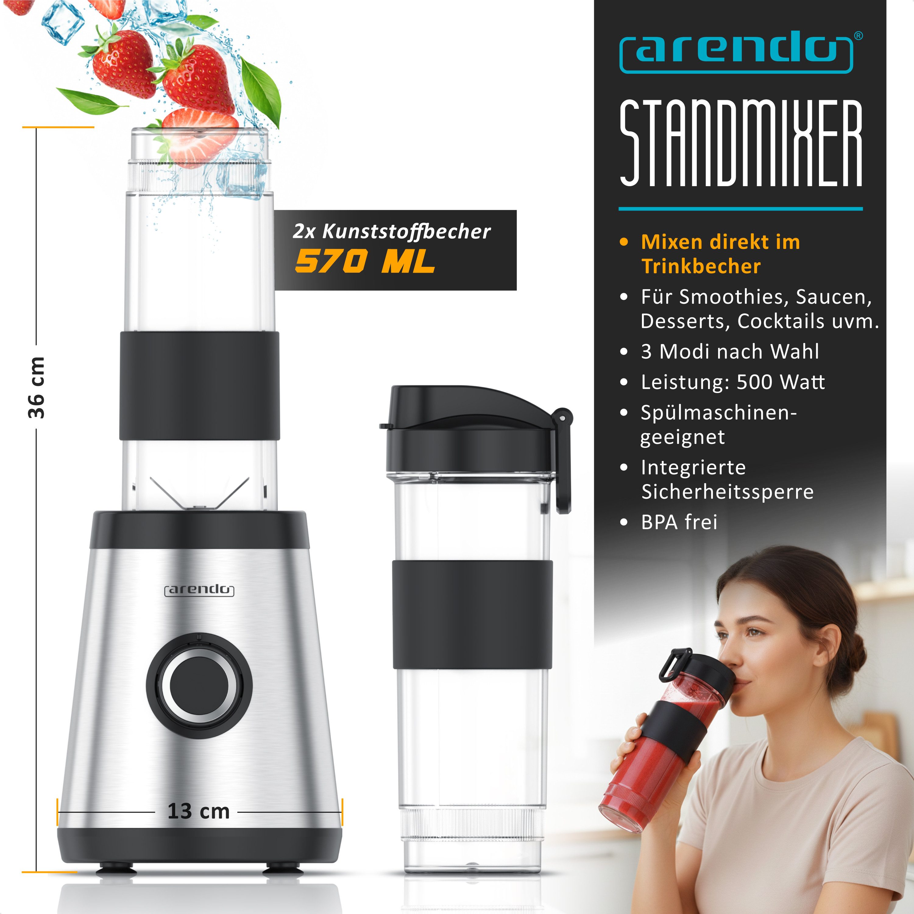 Arendo Standmixer Smoothie Maker. inklusive zwei Becher je 570ml, Edelstahl Klingen, 500 W, BPA-frei, 2 To-Go-Becher, 4 SUS301-Klingen, Smoothiemaker