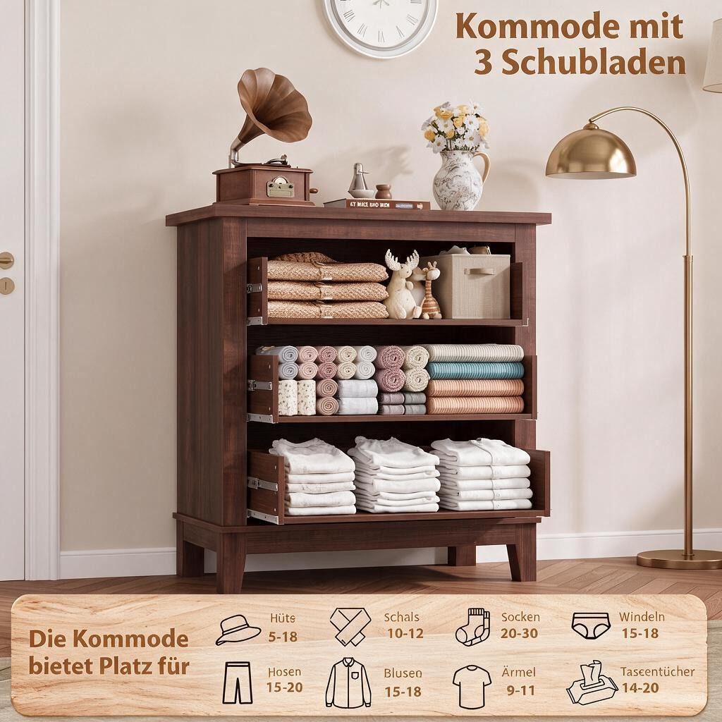 GarveeMore Kommode 60cm Höhe Nachtkommode mit 3 Schubladen Lowboard Schubkastenkommode (1 St), Moderne Kommode Aufbewahrung für Schlafzimmer, Wohnzimmer und Flu – Bild 5 von 5