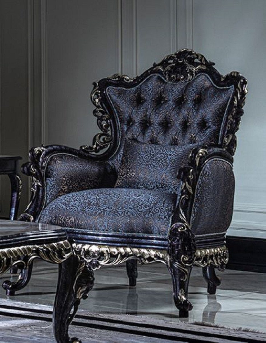 Casa Padrino Sessel Luxus Barock Wohnzimmer Sessel Blau / Gold - Handgefertigter Barockstil Sessel mit elegantem Muster und dekorativem Kissen - Prunkvolle Barock Wohnzimmer Möbel