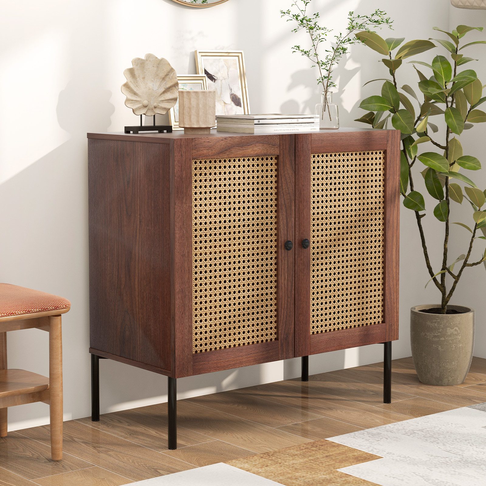 KOMFOTTEU Küchenbuffet Sideboard mit Rattantür & erhöhten Metallbeinen