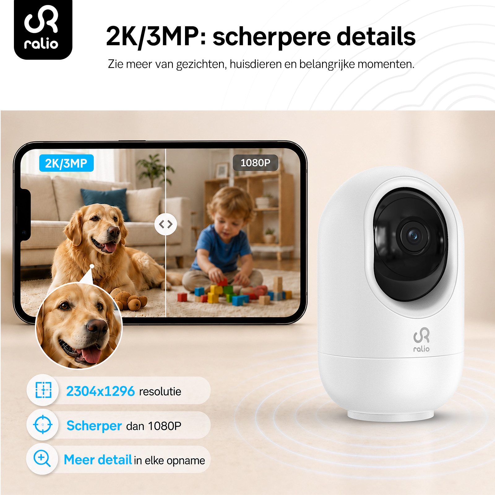 Ralio Überwachungskamera WLAN 2K/3MP Smart Home Sicherheitskamera mit Nachtsicht (8–10m) (Innenbereich, Bewegungserkennung, Zwei-Wege-Audio, Cloud & 256GB Speicher, 355° Schwenkbar, stabile 2.4/5GHz Verbindung, IP Kamera für Haus, Wohnung & Familie)