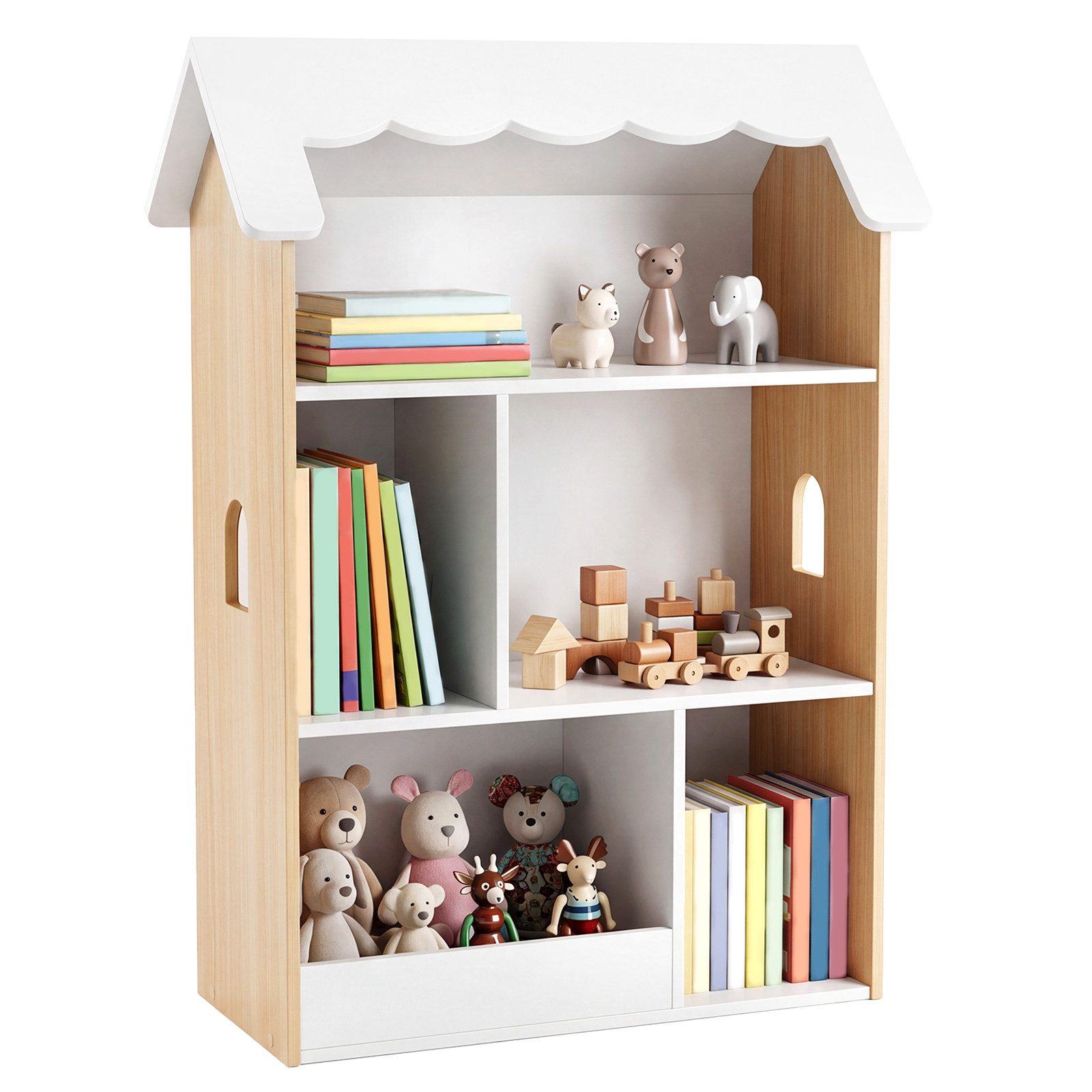 COSTWAY Kinderregal, Spielzeugregal in Hausform mit 5 offenen Fächern & Kippschutz