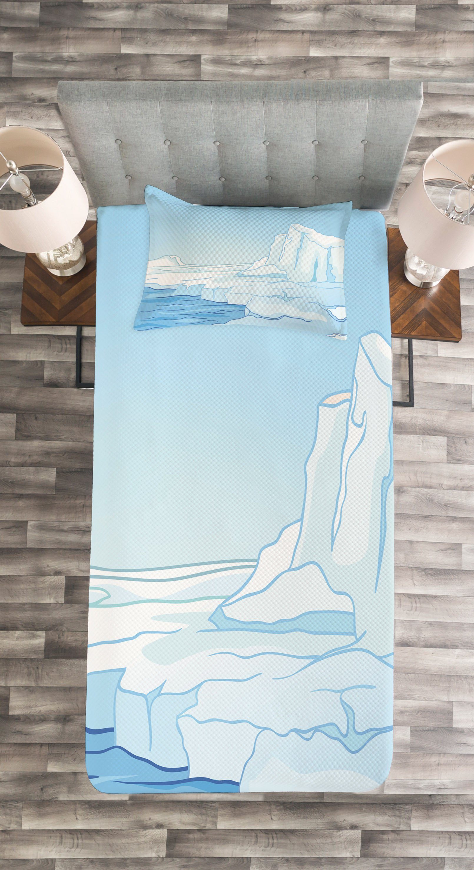 Berg Set Ice Tagesdecke mit Kissenbezügen Cartoon-Stil Winter-Thema Abakuhaus, Waschbar,