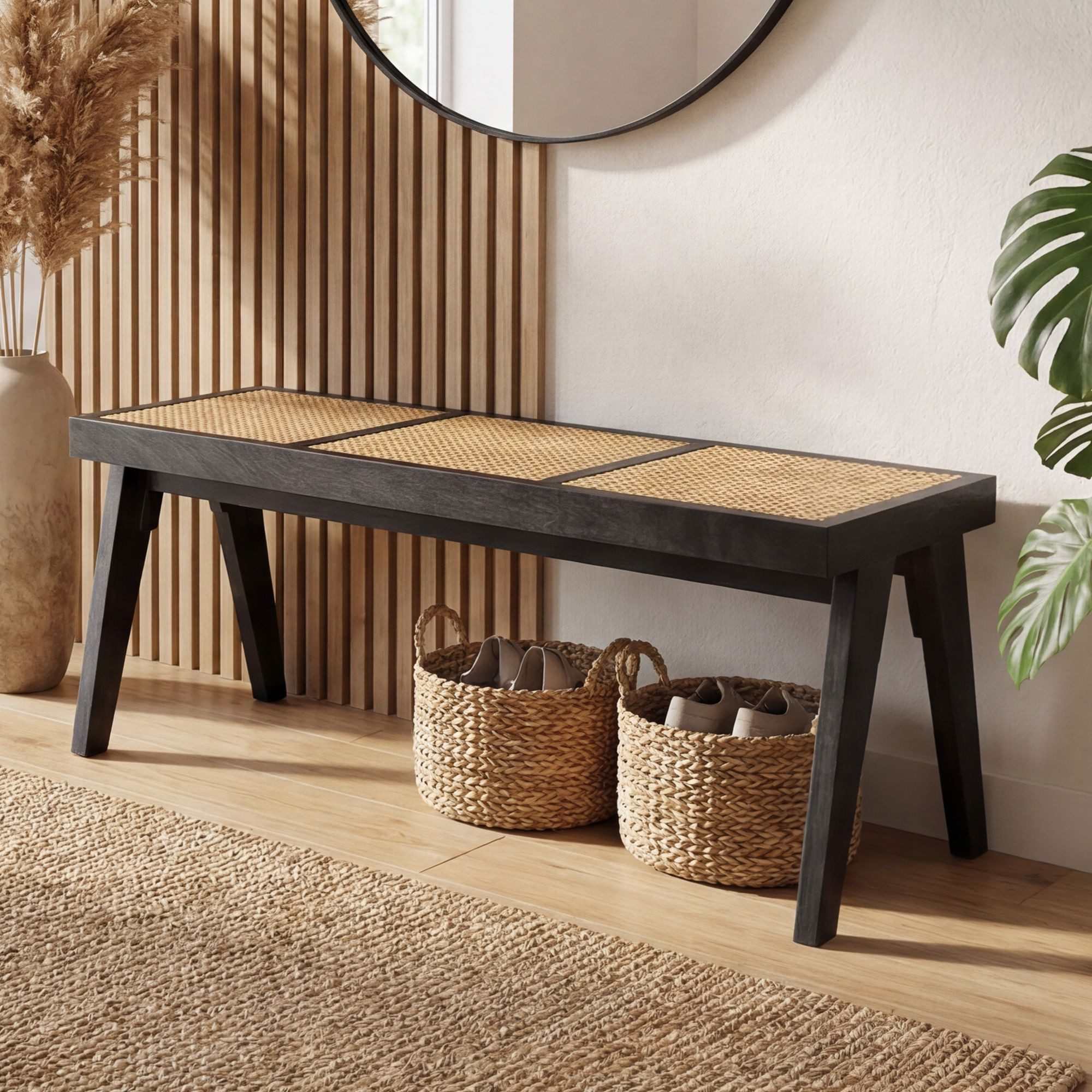 FINEBUY Sitzbank FB117779 Holzbank aus Massivholz Flurbank Bettbank Wiener Geflecht (Elegante Flurbank aus massivem Akazienholz), Strukturierte Sitzfläche aus natürlichem Rattan