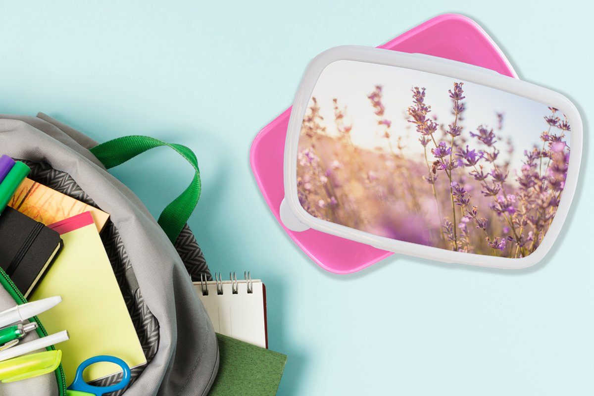 Nahaufnahme - (2-tlg), Brotdose Lila, - Lavendel für Lunchbox Kunststoff, - Snackbox, Kunststoff Mädchen, Sonne Blumen MuchoWow rosa Erwachsene, Brotbox - Kinder,