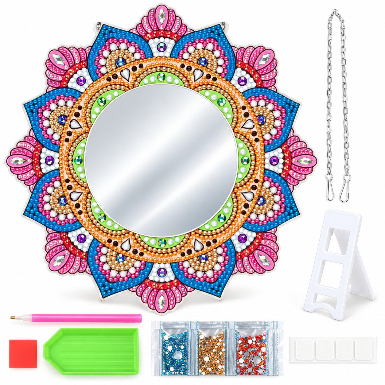 GOLDEN Kreativset Diamond Painting Spiegel Mandala, DIY-Set mit Standfuß und Kette