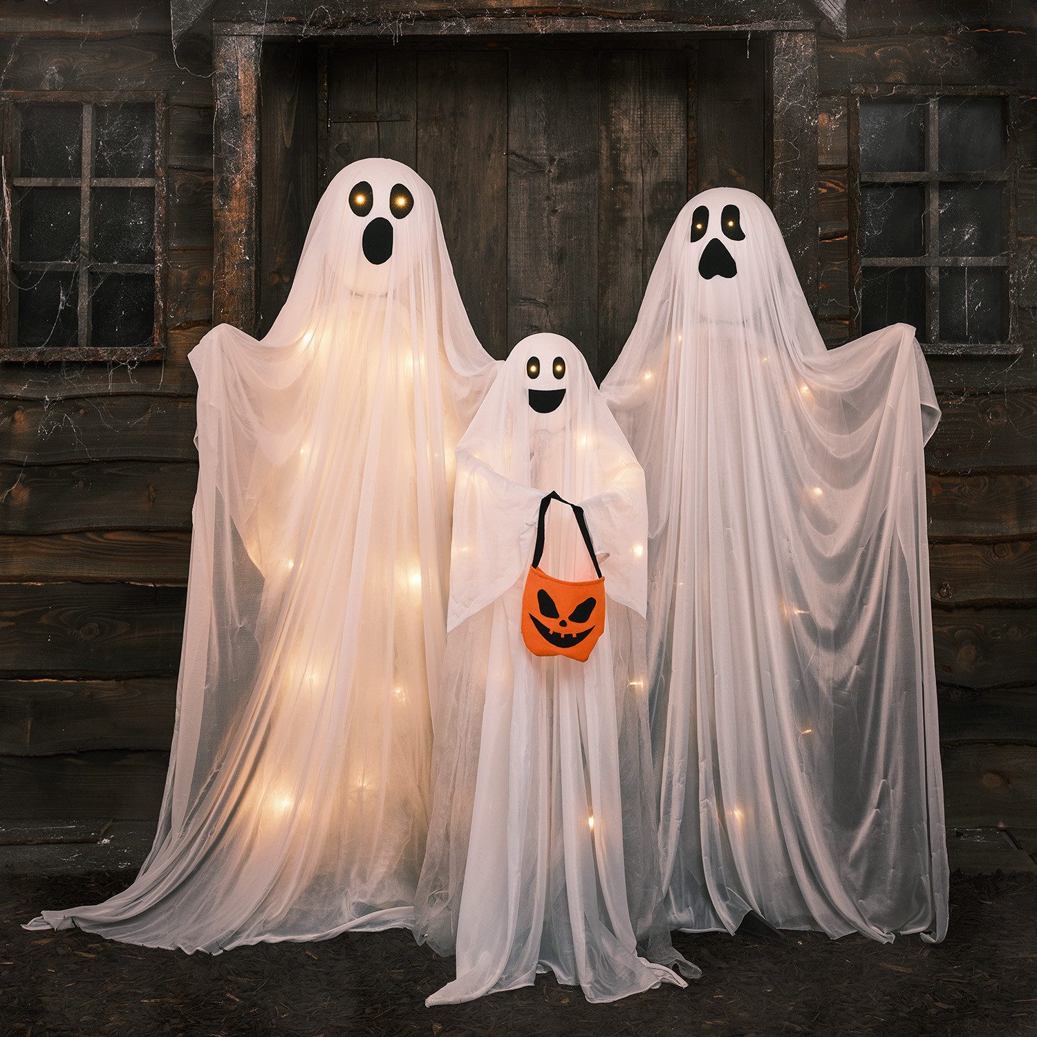 Lights4fun LED Dekofigur LED Halloweendeko Gibbons Geisterfamilie