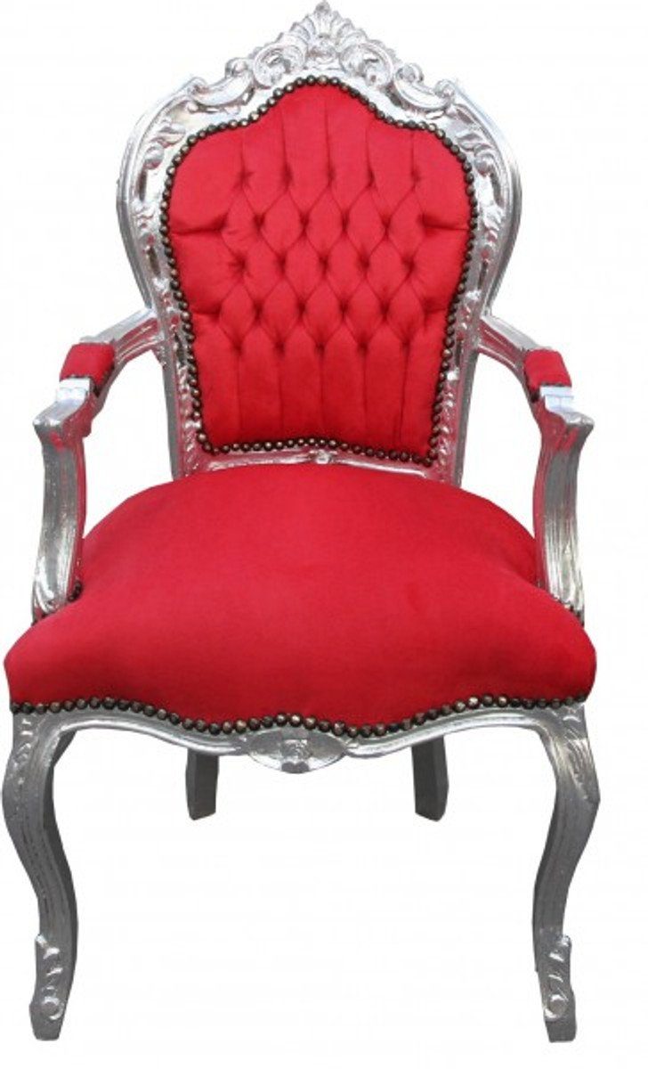Casa Padrino Esszimmerstuhl Barock Esszimmerstuhl Rot / Silber mit Armlehnen | Stühle