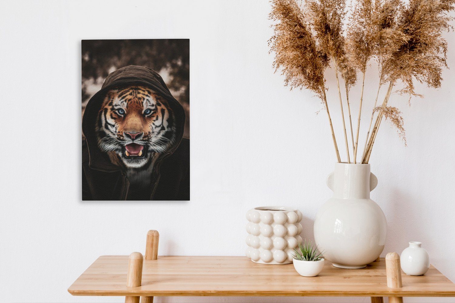 Tiger Leinwandbild 20x30 Gemälde, St), mit cm (1 Zackenaufhänger, OneMillionCanvasses® Leinwandbild Kapuze, bespannt inkl. fertig