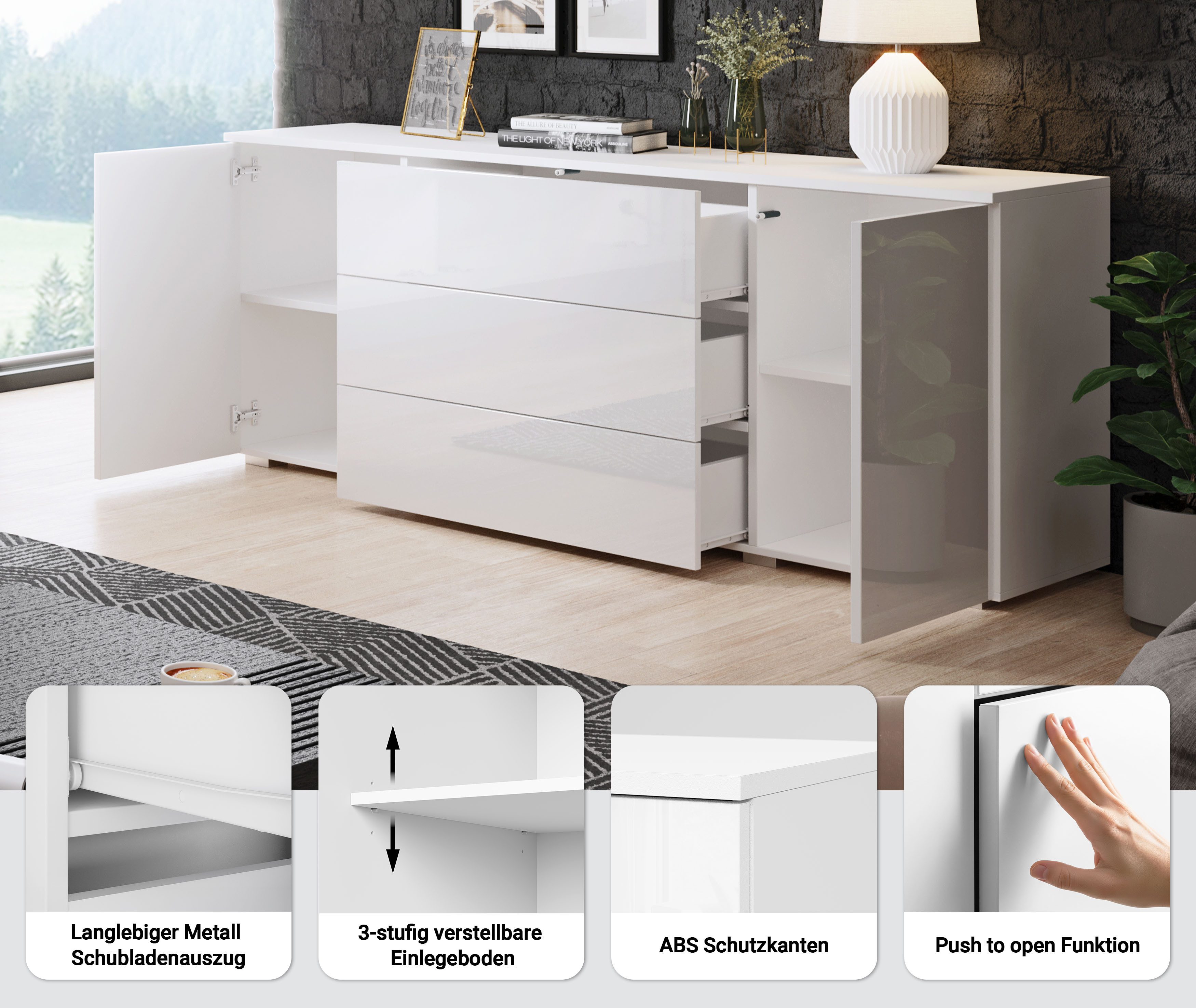 OTTO home Sideboard PARIS (1 St), Moderne 150cm breite grifflose Kommode, vielseitig einsetzbar